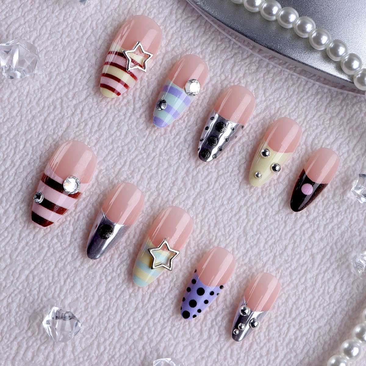 plalely Almond Press on Nails Medium Colorful Fake Nail Polka Dot with Silver Star Design Acrylic Nail Press ons Y2K Stick on Nail for Women 24pcs