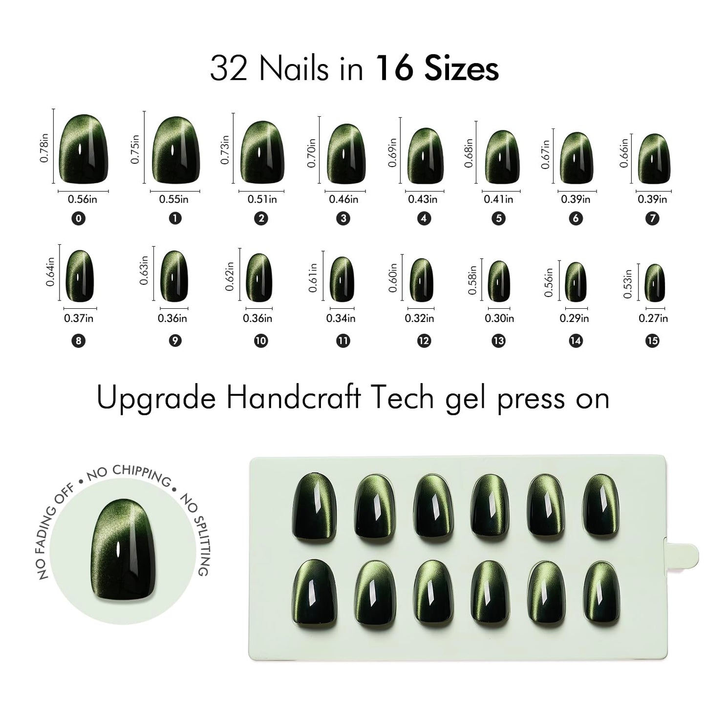 VSALON Press on Nails Short Oval - Dark Green Cat Eye Holographic Glitter Spring Fake Nails, Reusable Opaque Gel Glue on Nails with Glue & Cuticle Oil - 32 PCS Stick on Nails in 16