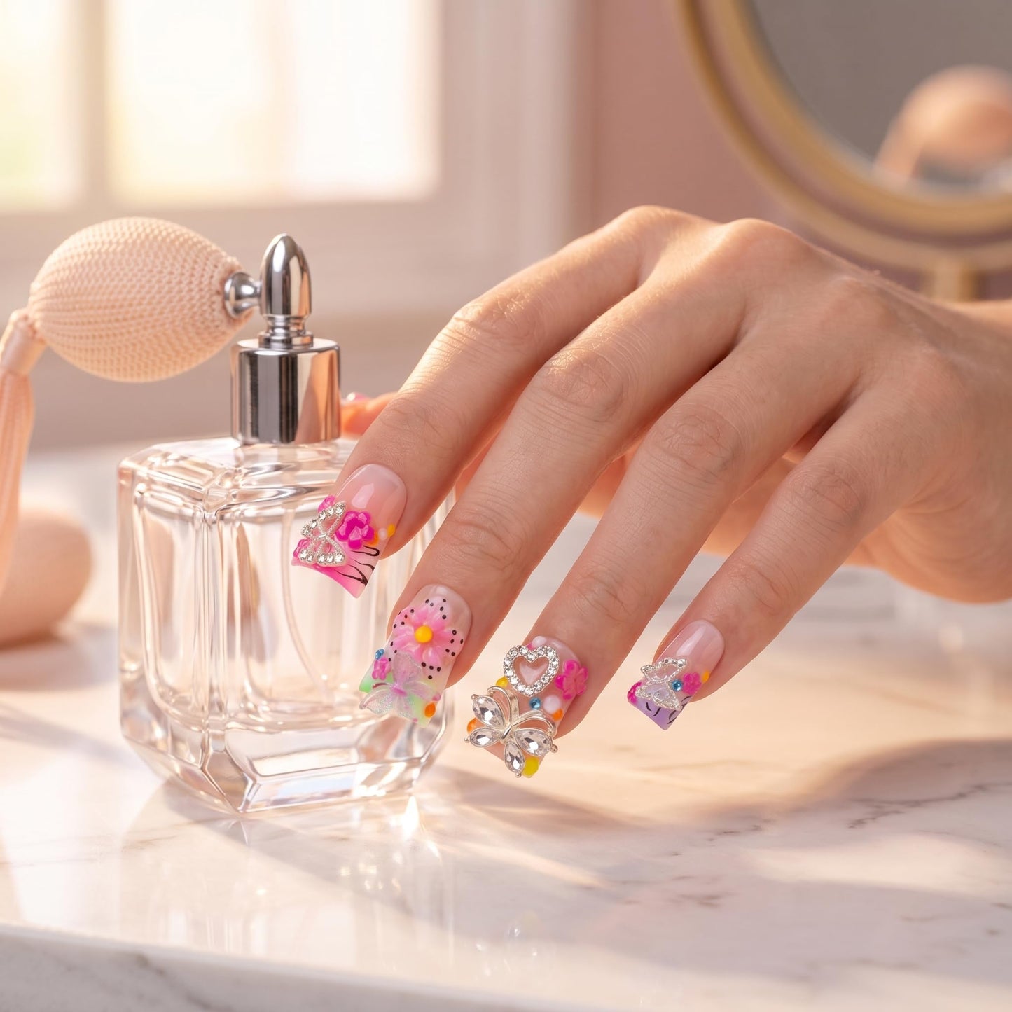 Handmade Luxury Press on Nails Medium Duckbill False Nails Summer with Floral Rhinestones Design Fake Nails Reusable Full Cover Acrylic Nails for Women Manicure 10Pcs (Size M)