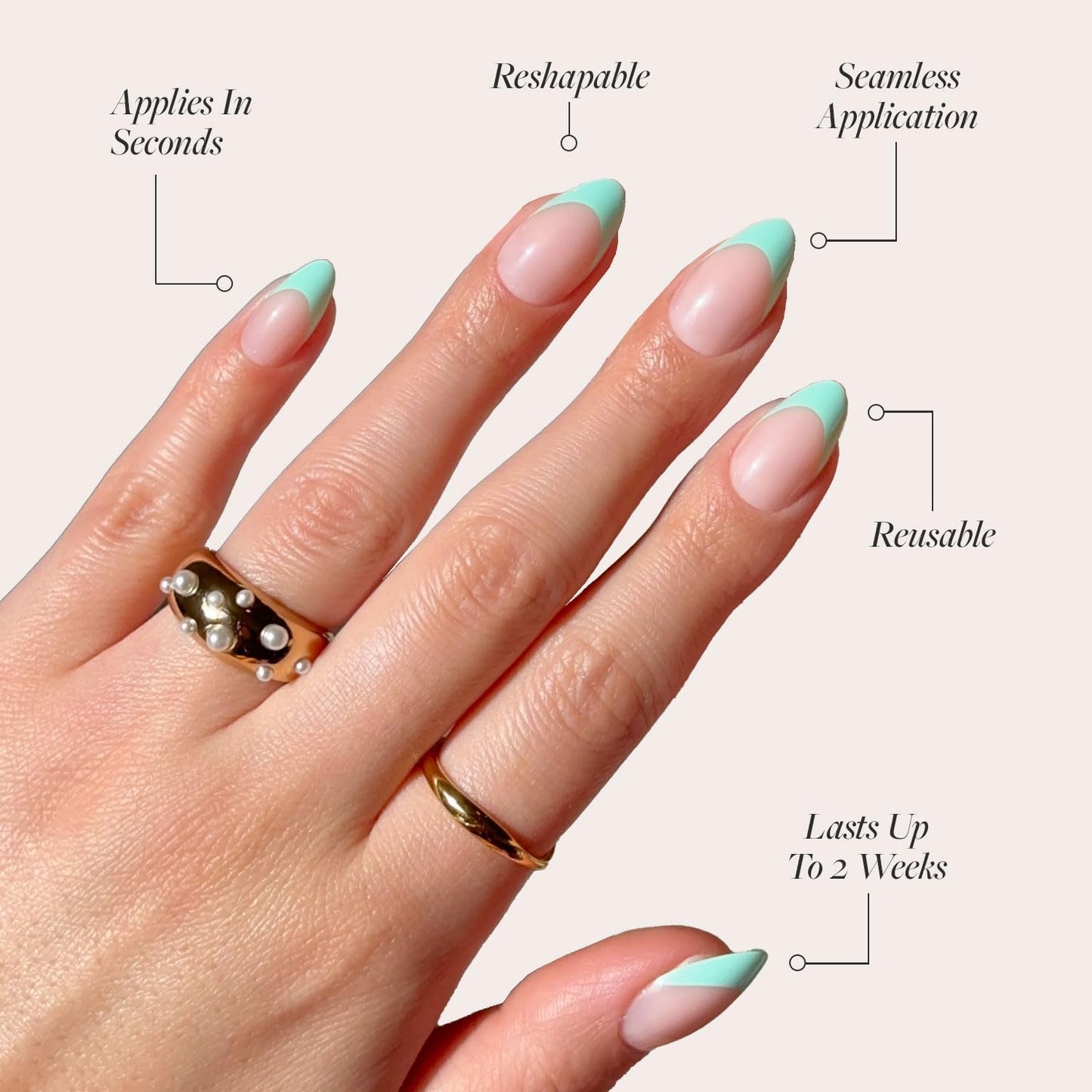 Glamnetic Press On Nails - Pistachio Crème | Short Almond Fake Nails with Mint Blue French Tips and Glossy Finish, Salon Quality | 15 Sizes - 30 Nail Kit with Glue