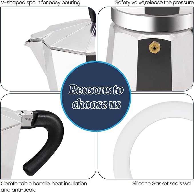 3 Cup Moka Pot Aluminum 150ml Italian Coffee Maker Stovetop Espresso CoffeeMakers Mocha Pot Percolator for Electric Ceramic Stove Classic Greca Cafe Makers Portable for Easy Brewing