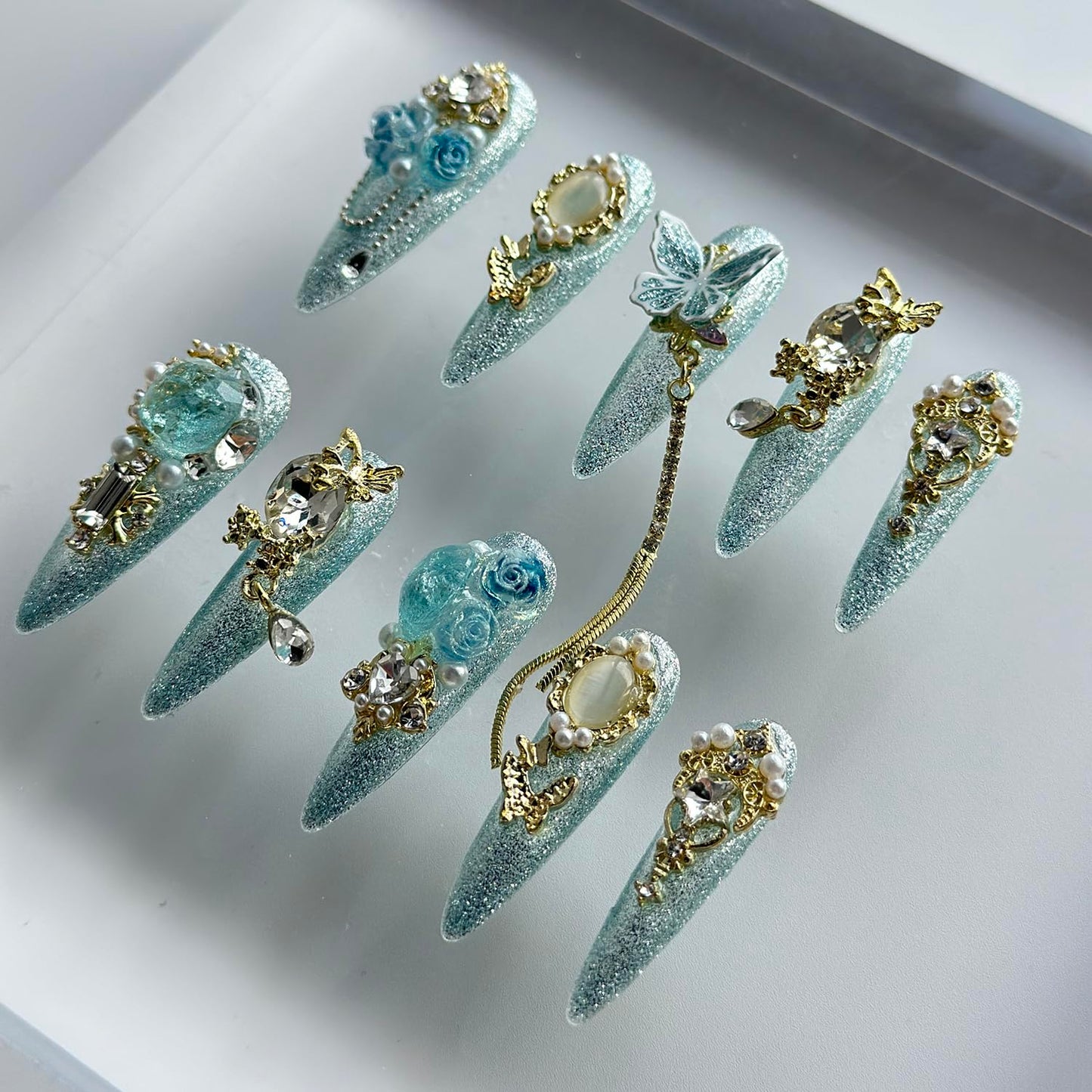 Luxury Press on Nails Long Almond Handmade 3D Unique Reusable ABS Material Fake Nails Light Blue Gothic False Nails with Designs Rhinestones Charms Glitter Glossy Glue on Thick Acrylic Nails(S)