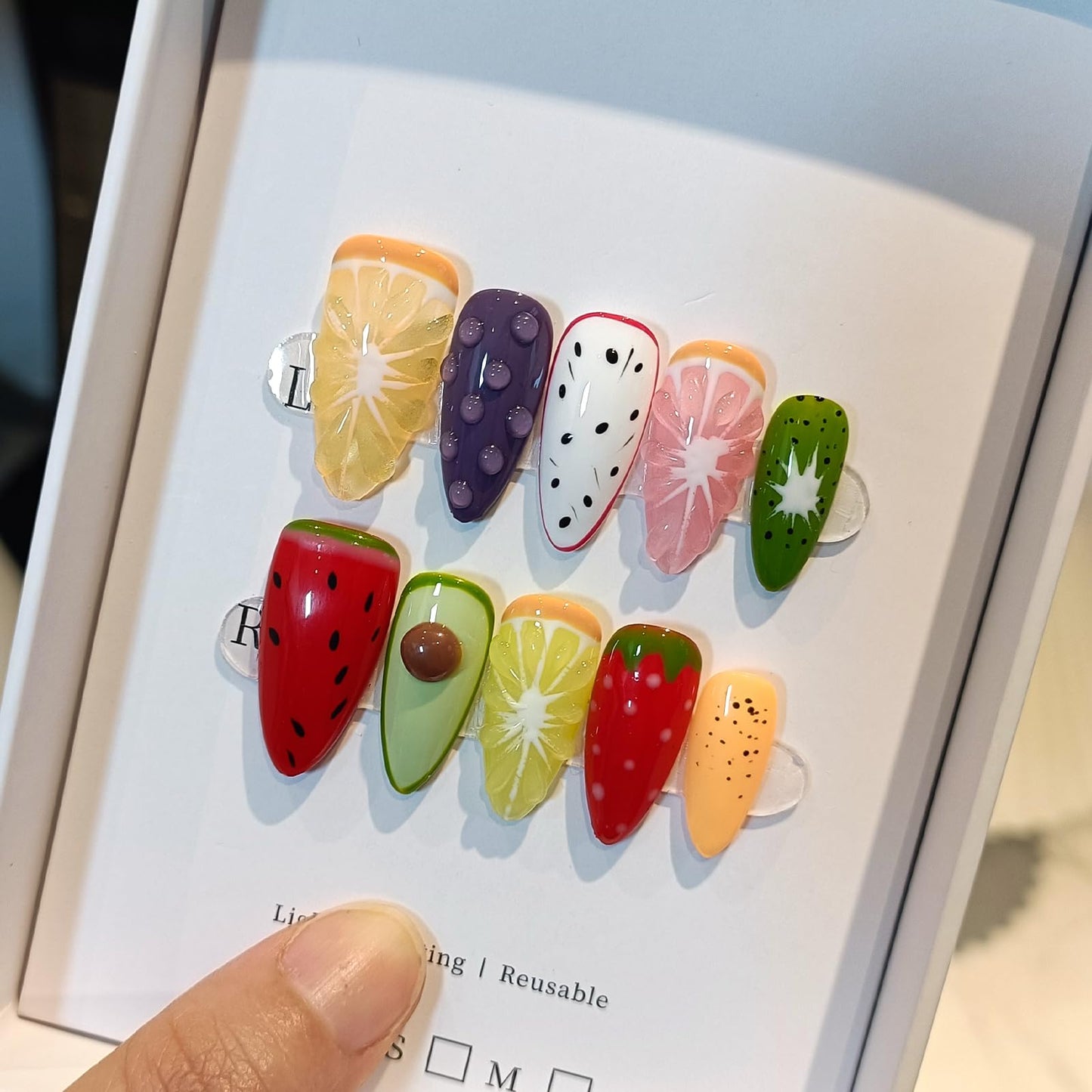 TENPAL Summer Fruit Press on Nails - Vibrant Almond Shaped Fake Nails with Kiwi, Watermelon & Avocado Designs | Reusable Colorful Nail Art for Women | Tropical Fruit Manicure Set (Medium Length,M)