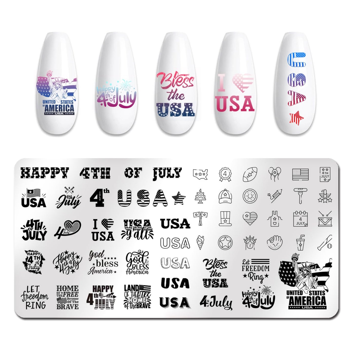 SILPECWEE 6 Pieces 4th of July Nail Stamping Plate Independence Day Nail Stamp Patriotic American Nail Design Stamp Stencils Nail Art Template Nail Art Stamping Kit Tools