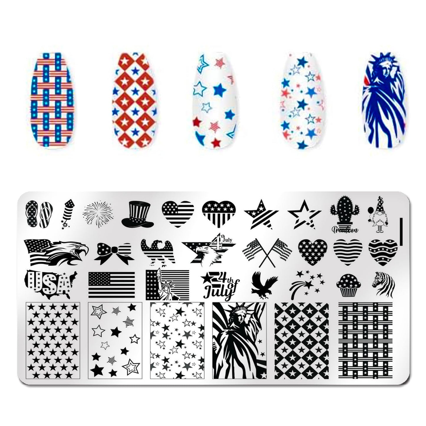 SILPECWEE 6 Pieces 4th of July Nail Stamping Plate Independence Day Nail Stamp Patriotic American Nail Design Stamp Stencils Nail Art Template Nail Art Stamping Kit Tools