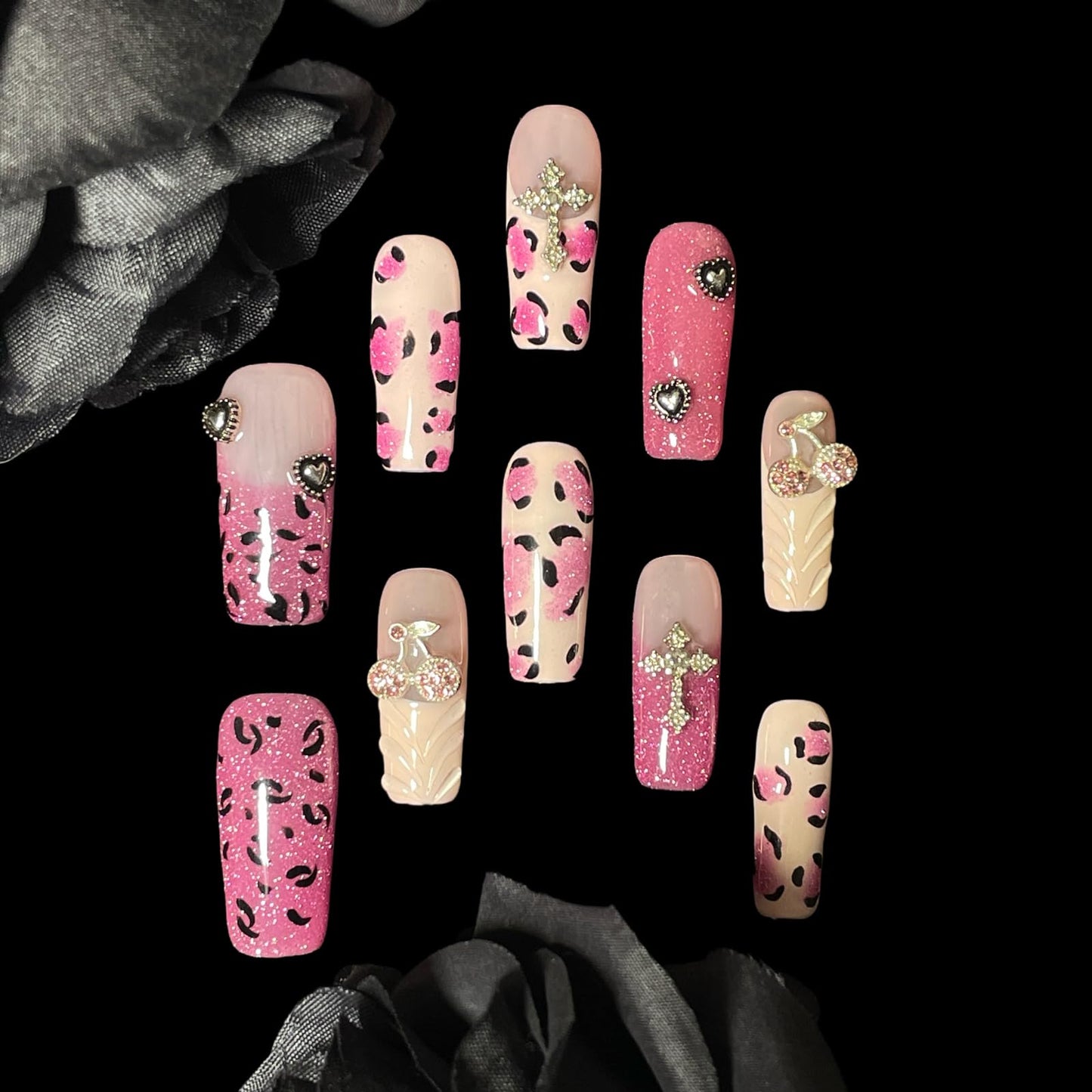 Handmade Press On Nails Pink Leopard Print Design Medium/Long Square Cherry Charms, Glitter Ombre Artificial Acrylic Thick False Nails (Sparkle, M)