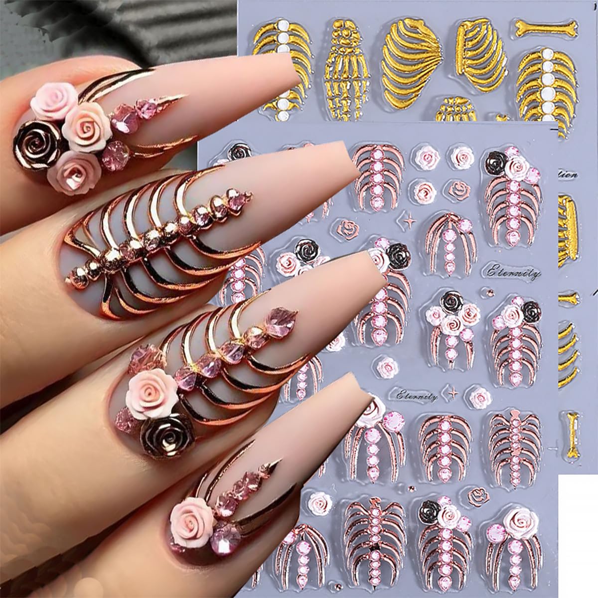3 Sheets Halloween 5d Embossed Skeleton Nail Stickers for Nail Art Rose Flower Skeleton Nail Decals Self-Adhesive Pink Gold Nail Design Stickers Holiday Nail Art Supplies for Women Acrylic Nails