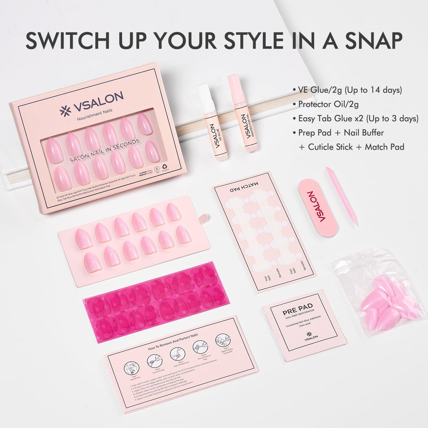 VSALON Press On Nails Short Almond - Pink Shimmer Pearl Fake Nails Kit for Women, Reusable Opaque Spring Summer Glue on Nails with Cuticle Oil - 32 Pcs with 16 Sizes