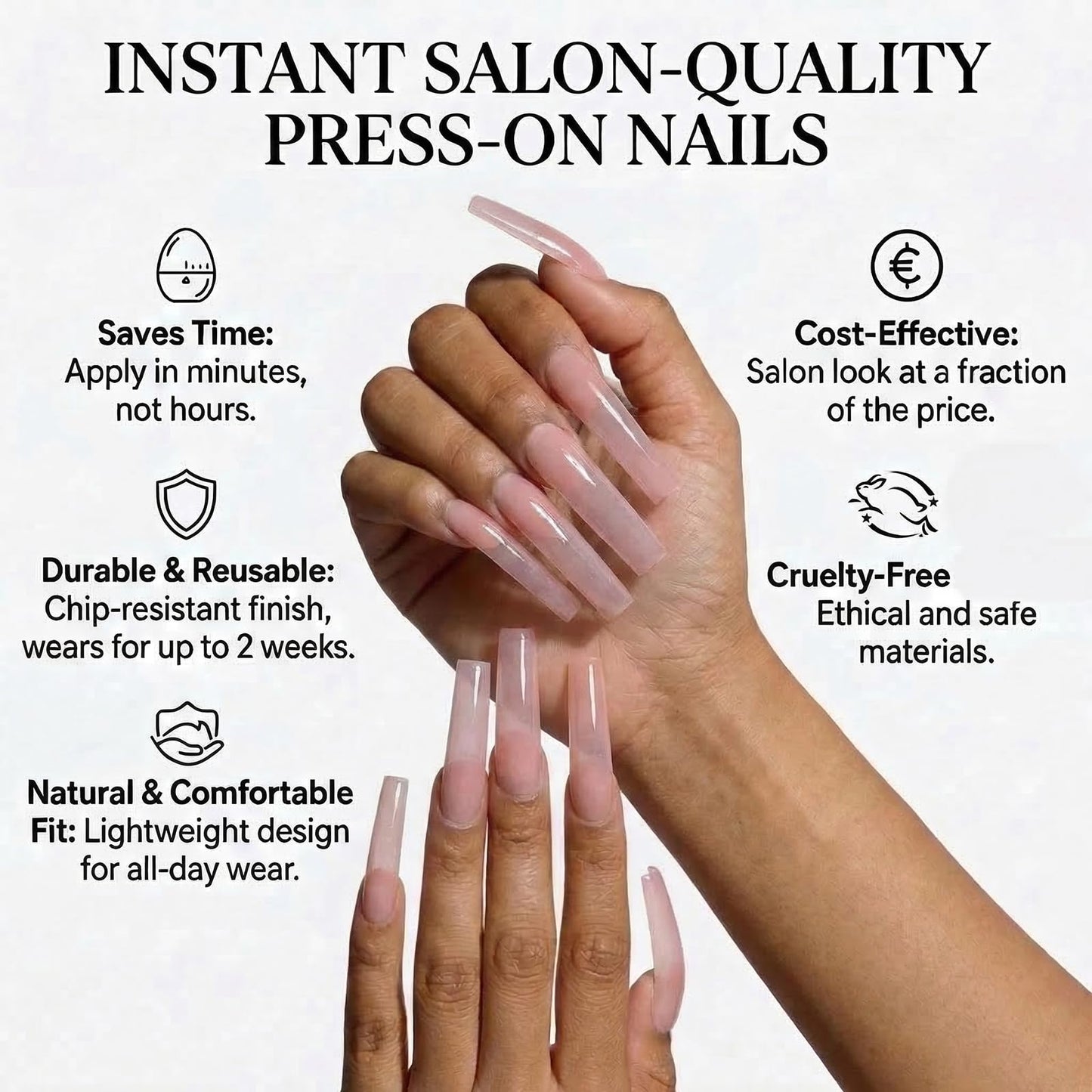 IMSOHOT Long Curved Press on Nails, Square Jelly Pink Fake Tips with Glue, 20Pcs Full Cover Nude French Design, Clean Girl Aesthetic Acrylic Glue-ons