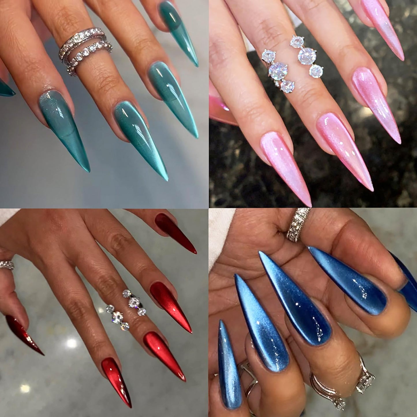 KKUUOO 4 Pack Stiletto Press on Nails Long - 4 Color Fake Nails with Glitter | Full Cover Glossy Acrylic Nail,Reusable False Nails Women 96Pcs(Red Pink Blue Lake Blue)