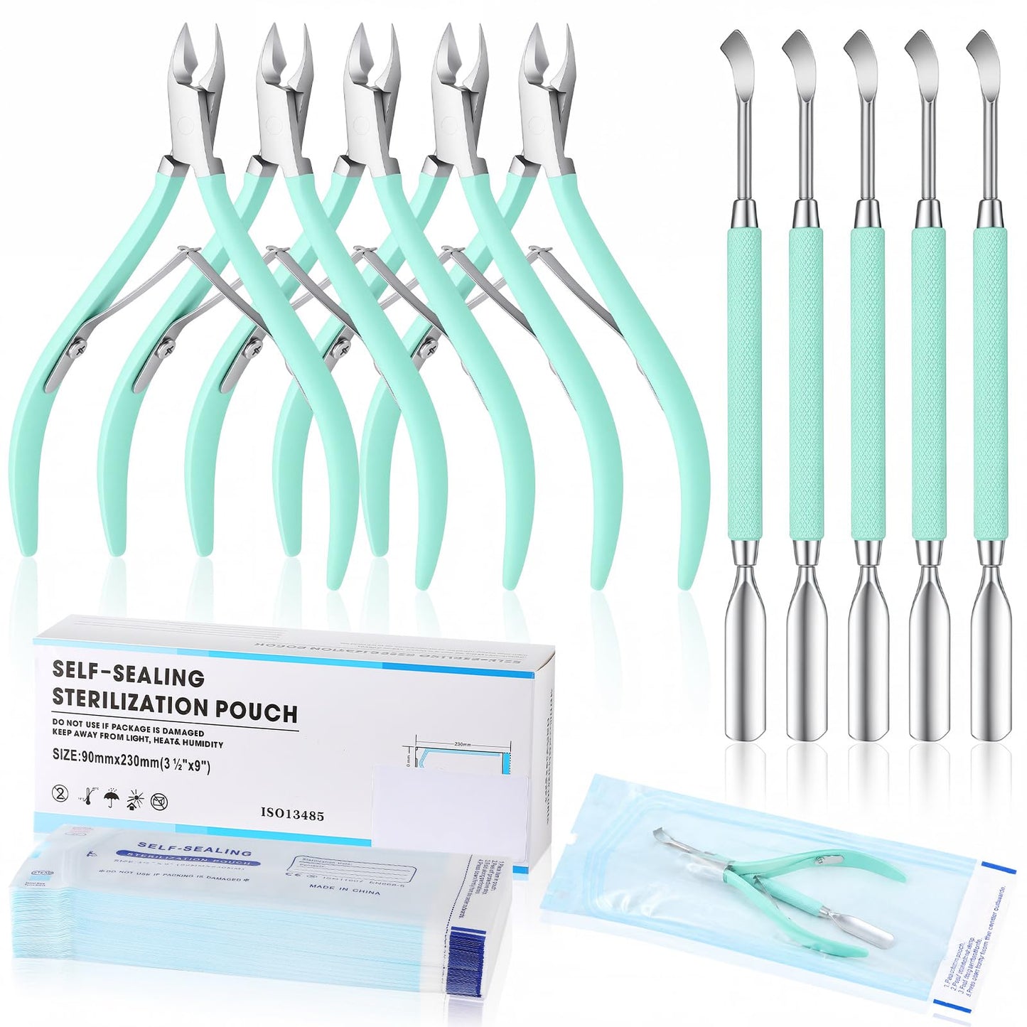 Lothee 10 Pack Cuticle Trimmer with Pusher 200 Self Sealing Sterilization Pouches, Professional Stainless Steel Cuticle Nipper Remover Cutter Manicure Tool Kit for Home Salon Nail Care(Mint Green)