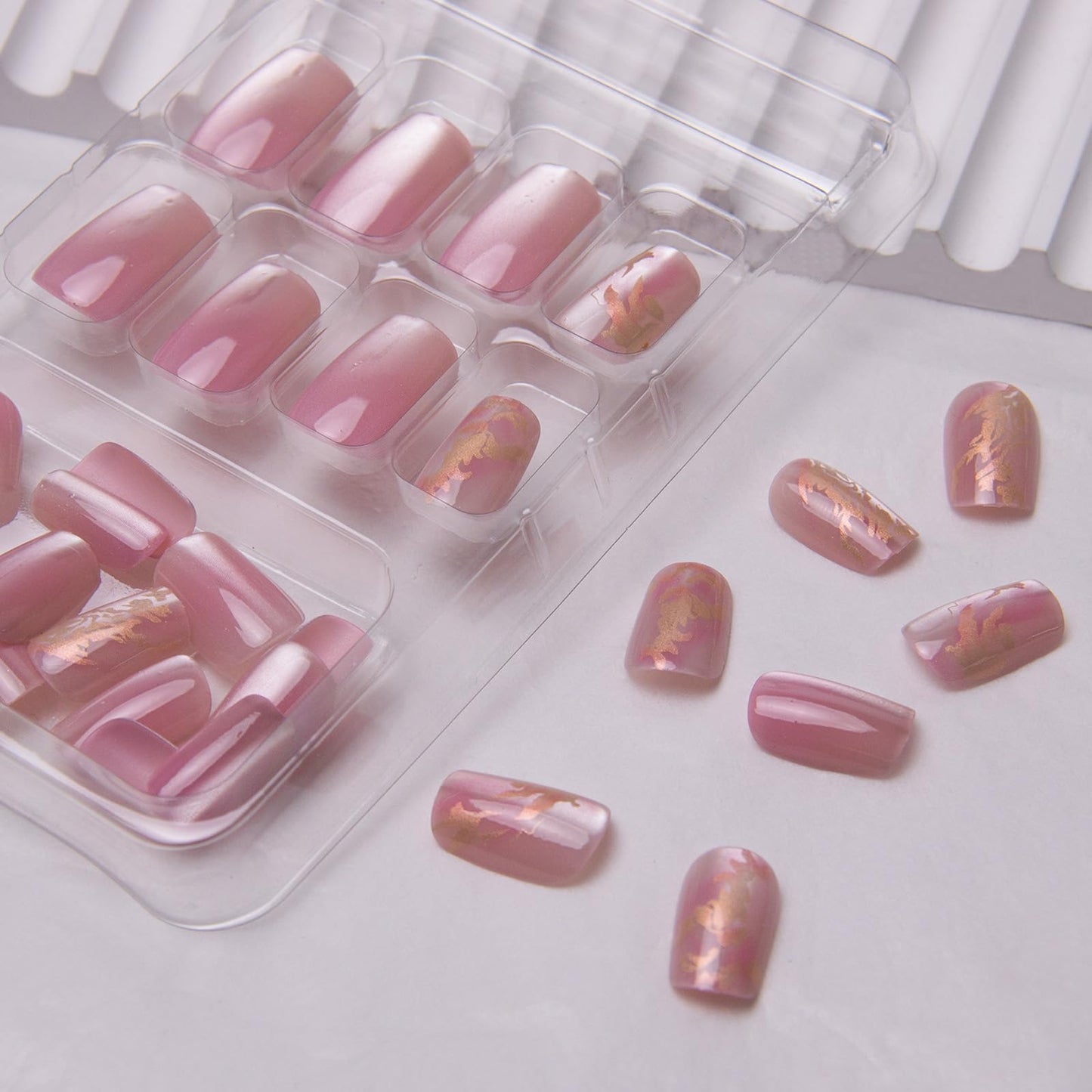Square Press on Nails Short Cat Eye Fake Nails Gold Foil Acrylic Nails Pink Ombre False Nails Glossy Marble Artificial Nails Shiny Glue on Nails for Women Girls Manicure Art Decoration