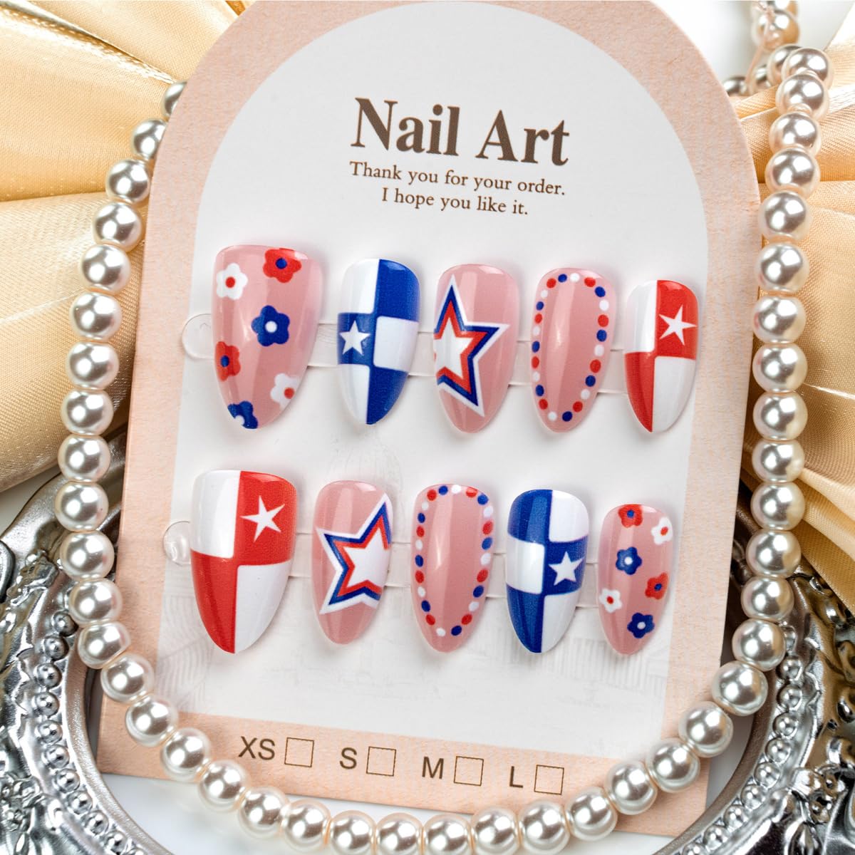Independence Day Press on Nails Medium Almond Fake Nails Red White Blue Plaid Full Cover False Nails Press ons Glossy Star Patriotic Nails 4th of July Glue on Nails for Women Manicure 24Pcs