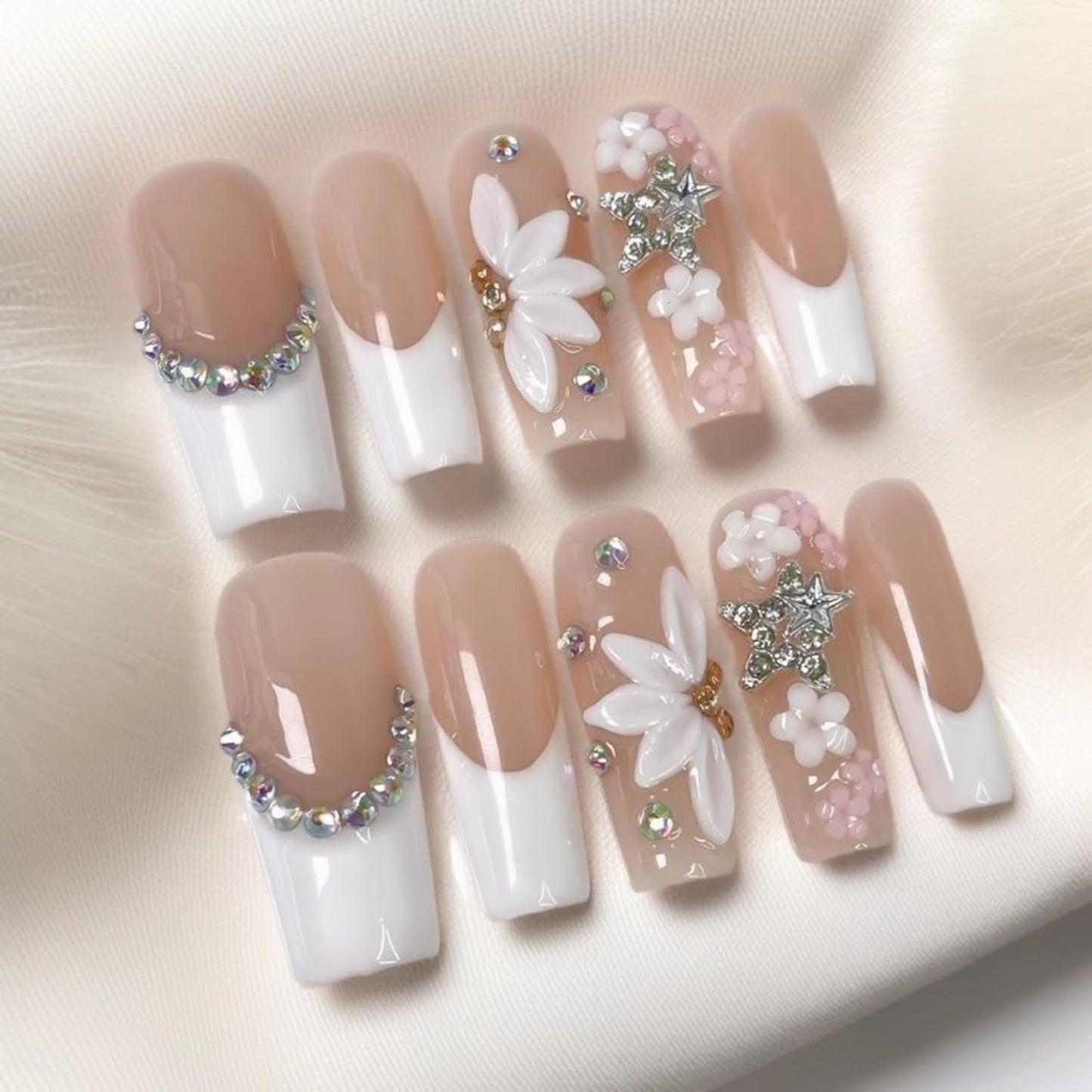 Luxury Press on Nails Long Square Handmade 3D Unique Reusable ABS Material Fake Nails French Tip False Nails with Rhinestones Flower Stars Designs Elegant Glossy Glue on Nail Thick Acrylic Nail(S)
