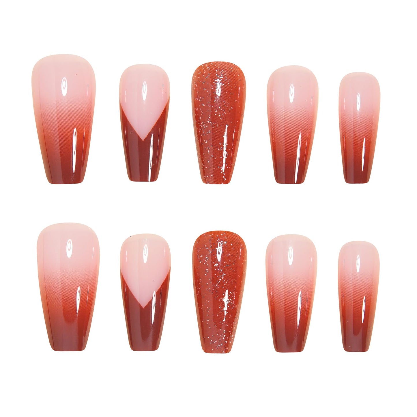 MERVF Coffin Press on Nails Long, Red Brown Ombre French Tip Fake Nails Glitter Glue ons Solid Color Chevron Design Acrylic Nail Glossy 24pcs