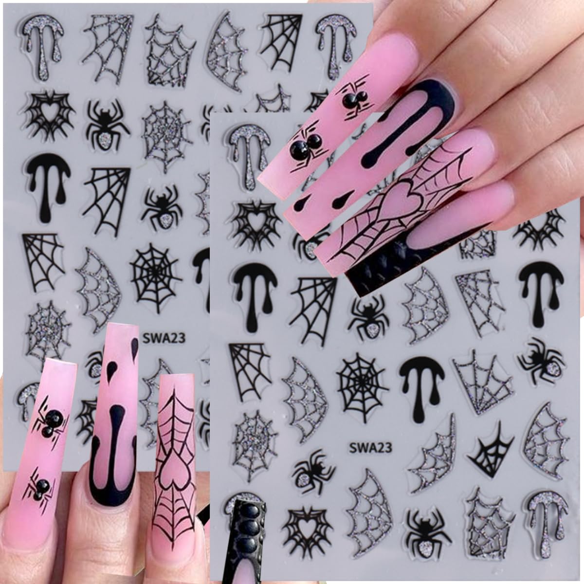 8 Sheets Halloween Nail Stickers Decals Gold Gloss Bat Nail Art Stickers Goth Nail Design Stickers Self-Adhesive Spider Web Spider Skeleton Nails Accessories for Women Nails Art Decorations Supplies