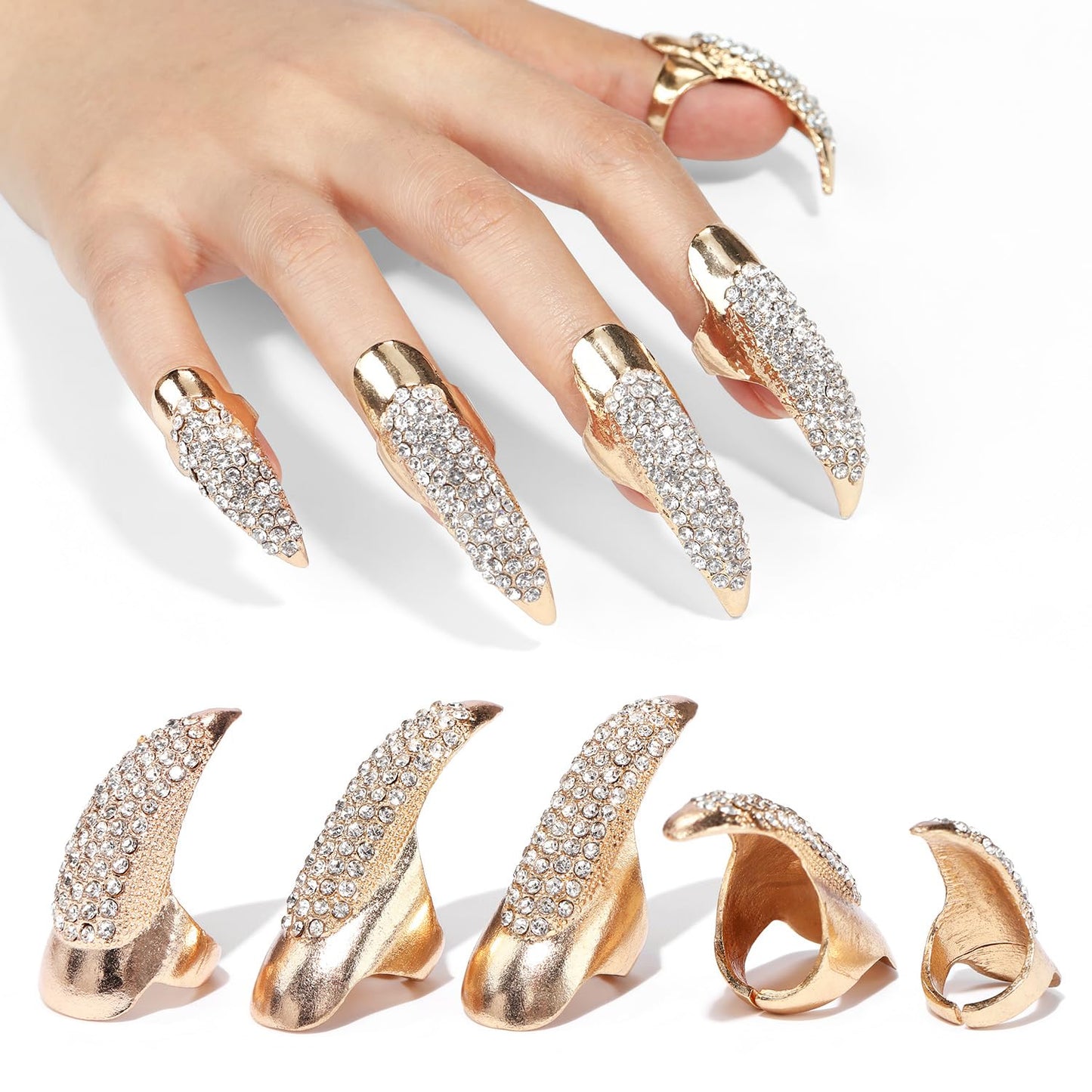 10 Pcs Gothic Punk Halloween Costume Accessories Adjustable Claws Ring Set, 3 Sizes Fake Nails Crystal Full Finger Rings for women Men Nail Art Vampire Cat Wolf Cosplay Party (Golden)
