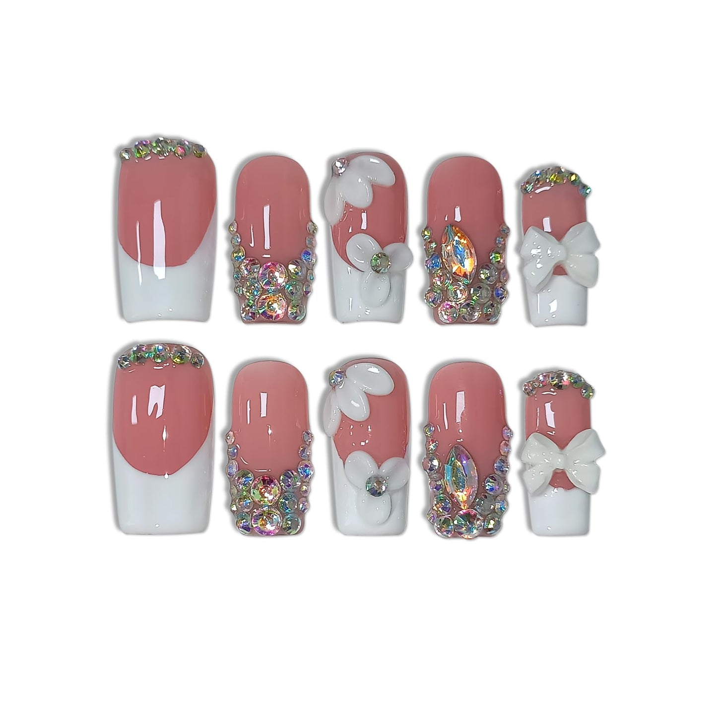 TENPAL Handmade Press on Nails Medium Long Square - Sheer Nude French Tip Fake Nails with 3D Floral, Full Cover Glitter 3D Bow Design False Nail Tips for Women Girls Daily Wear Parties Gifts(L)