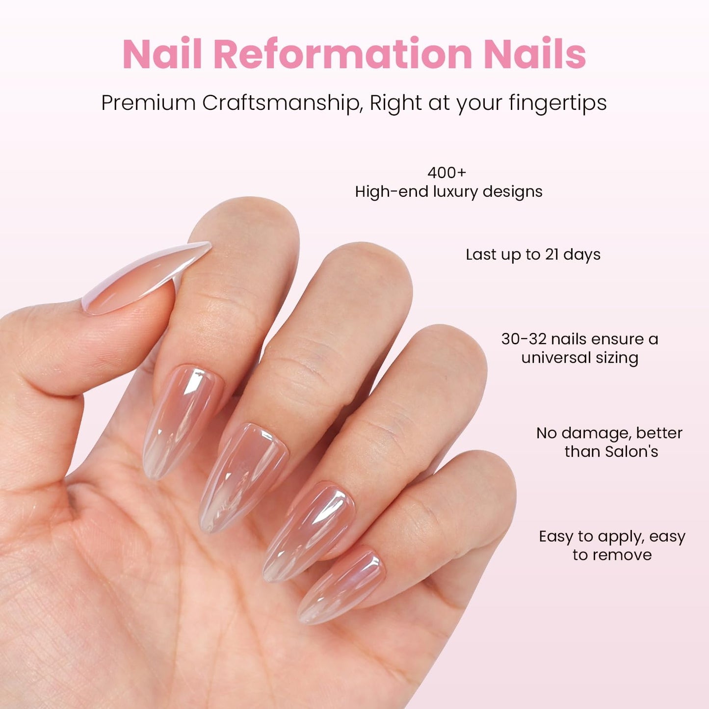 Nail Reformation Press On Nails Almond, Rose Gold Fake Nails Medium, Glazed Finish Fit Perfectly & Natural Reusable Stick On Ombre False Nails, 15 Sizes – 30 Nail Tips With Glue, Gifts for Women