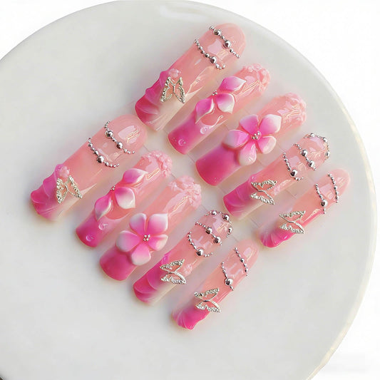 Gleamrain Pink Handmade Curve Press on Nails Long Square Shape M Size with Flower and French Tips Design for Women,Use for Prom and Party or Vacation Holiday 10pcs Pattern 03