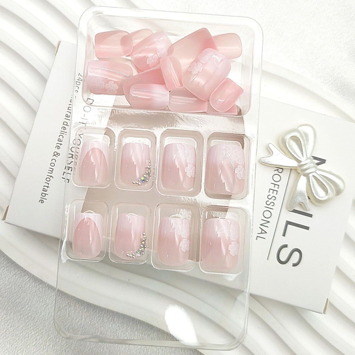 French Tip Press on Nails Short Square Fake Nails with Gradient Rhinestones Flower Designs Nails Press ons Pink White Ombre Glue on Nails Glossy Acrylic Nails Cute Stick on Nails for Women 24Pcs