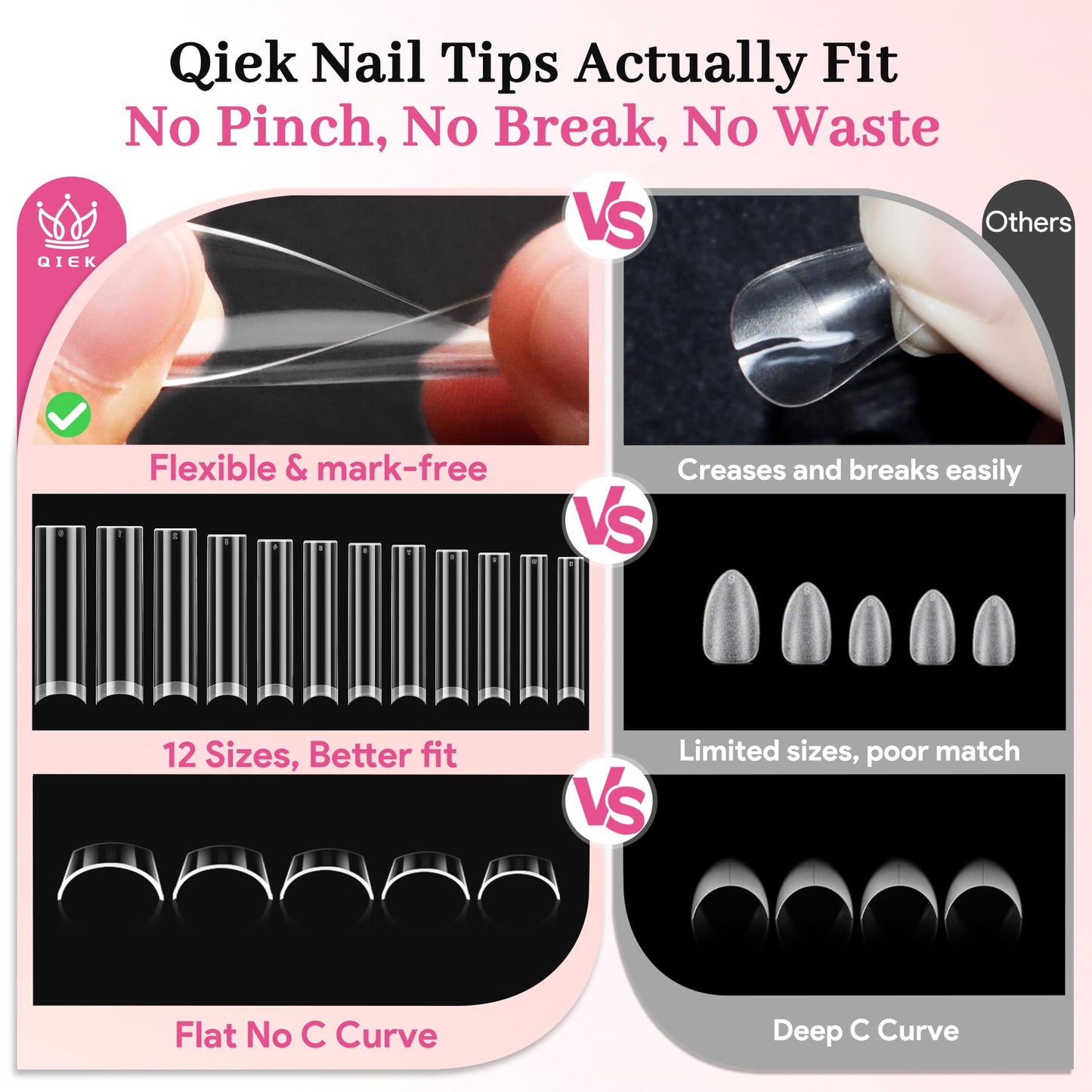 Qiek 480pcs Extra Long Square Half Cover Nail Tips, No-File Pre-Buffed Extension Nail Tip, 12 Sizes Clear Acrylic Press On Tips, Thin Back No C Curve for DIY Nail Extensions & Home Salon Beginners
