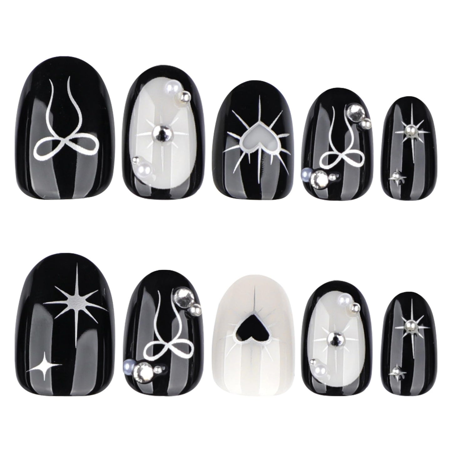 octoswave Press on Nails Short Almond Fake Nails Black Artificial Nail Bow and Pearl Charm Stick on Nail for Women 24pcs