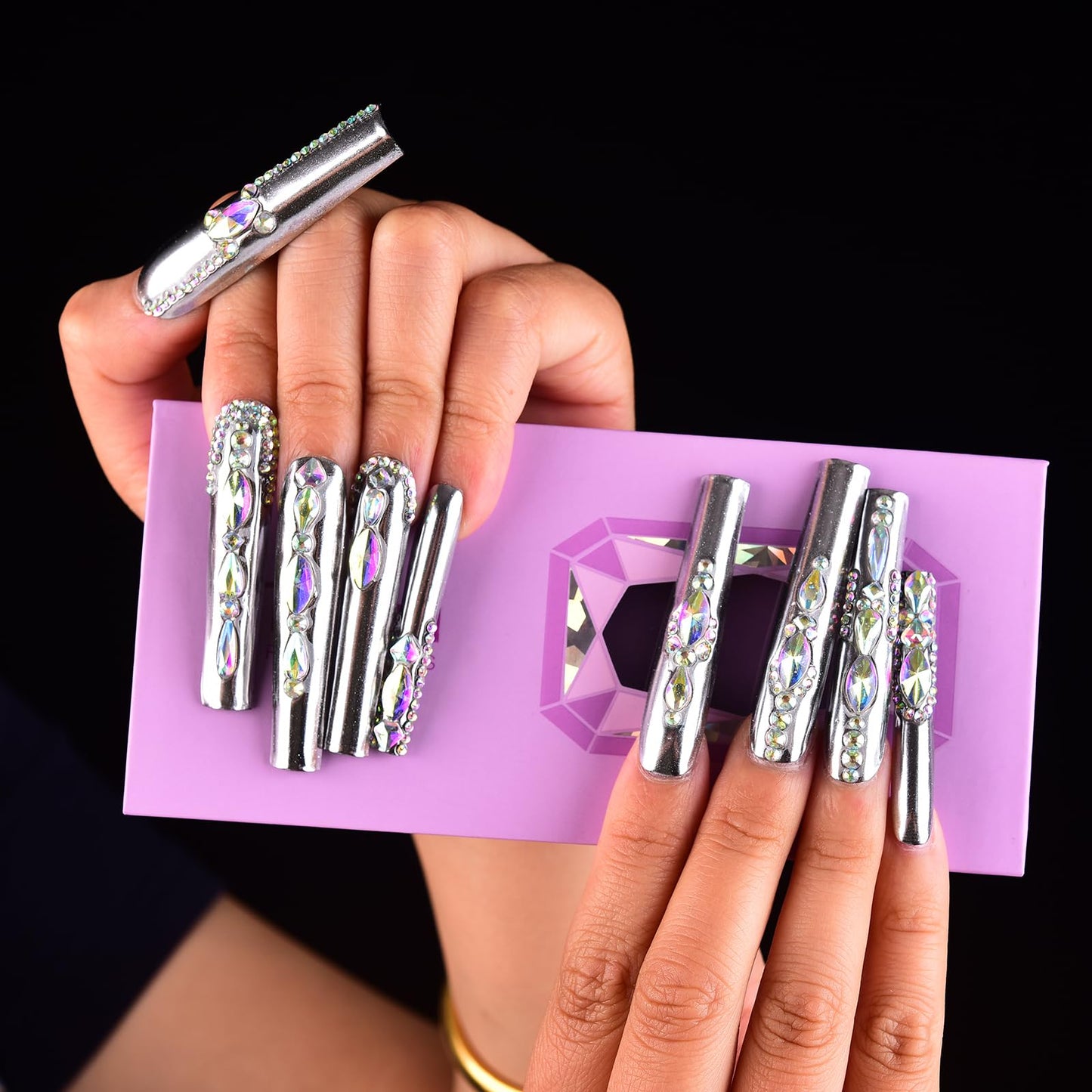 Tmani 10pc/set Extra Long Handmade Press On Nail Hot Girl's Long Ballet Nails Square Nail Full of Diamond Glitter Decoration Fake Nails Suitable For Girls Festival Parties and Birthday Gift (091,L)
