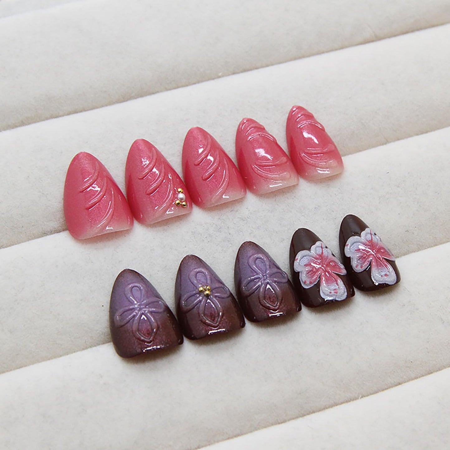 24Pcs Red Purple Almond Press on Nails Spring Summer Flower Fake Nails Glossy Full Cover Nails Press ons 3D Flower Nail Art Reusable False Nails Artificial Medium Stick on Nails for Women Girls