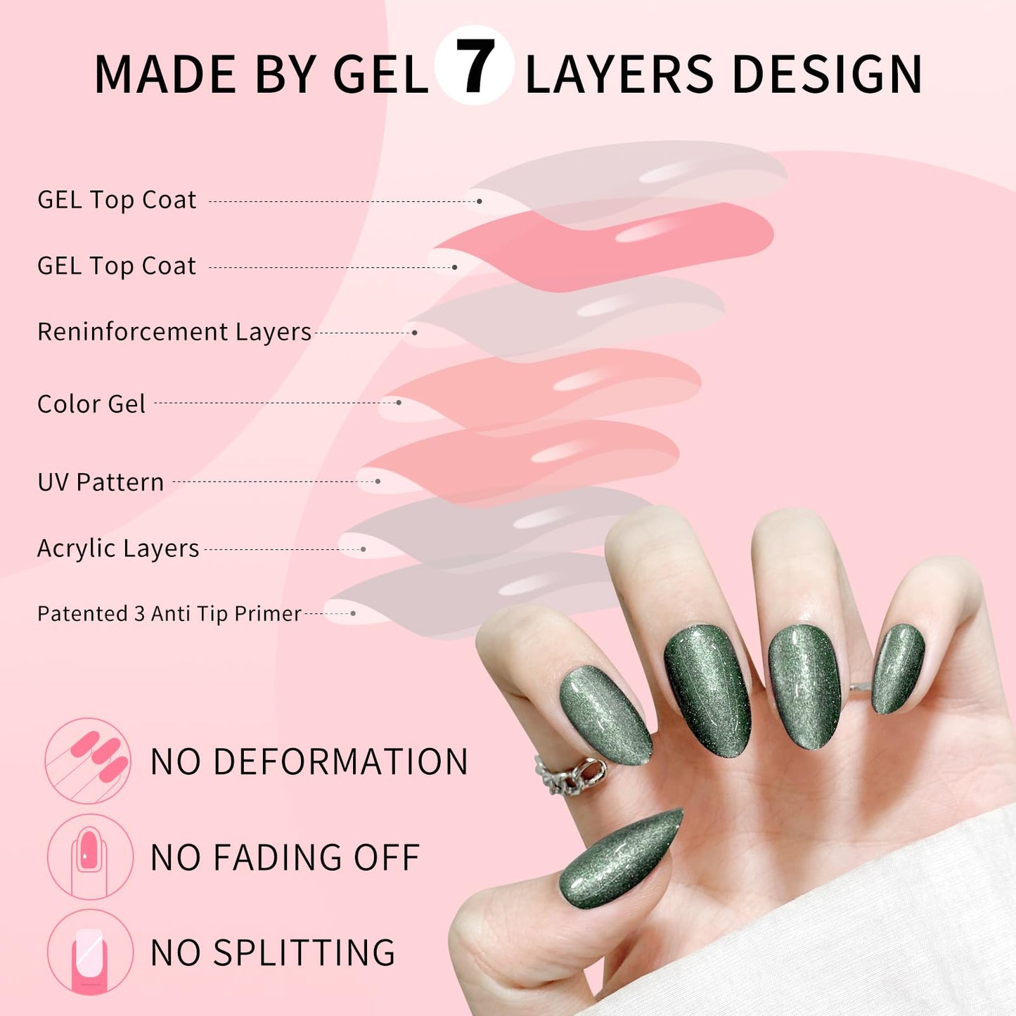 Green Almond Cat Eyes Press On Nails,12 Sizes - 24 Pcs Soft Gel Blackish Green Medium Fake Nails Kit with Nail Glue, Natural Reusable Stick On False Nails for Women and Girls SK1027