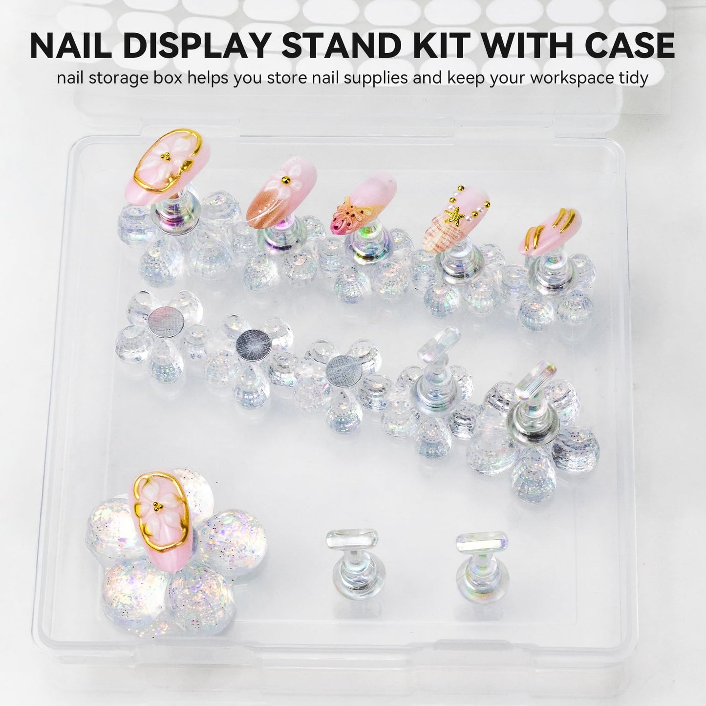ESUOHYM Nail Stand for Press On Fake Nails Painting Display Practice, Powerful Magnetic Nail Holder for Design, Flower Nail Stand with 200 PCS Double-Sided Tapes, Nail Tools for Home Salon