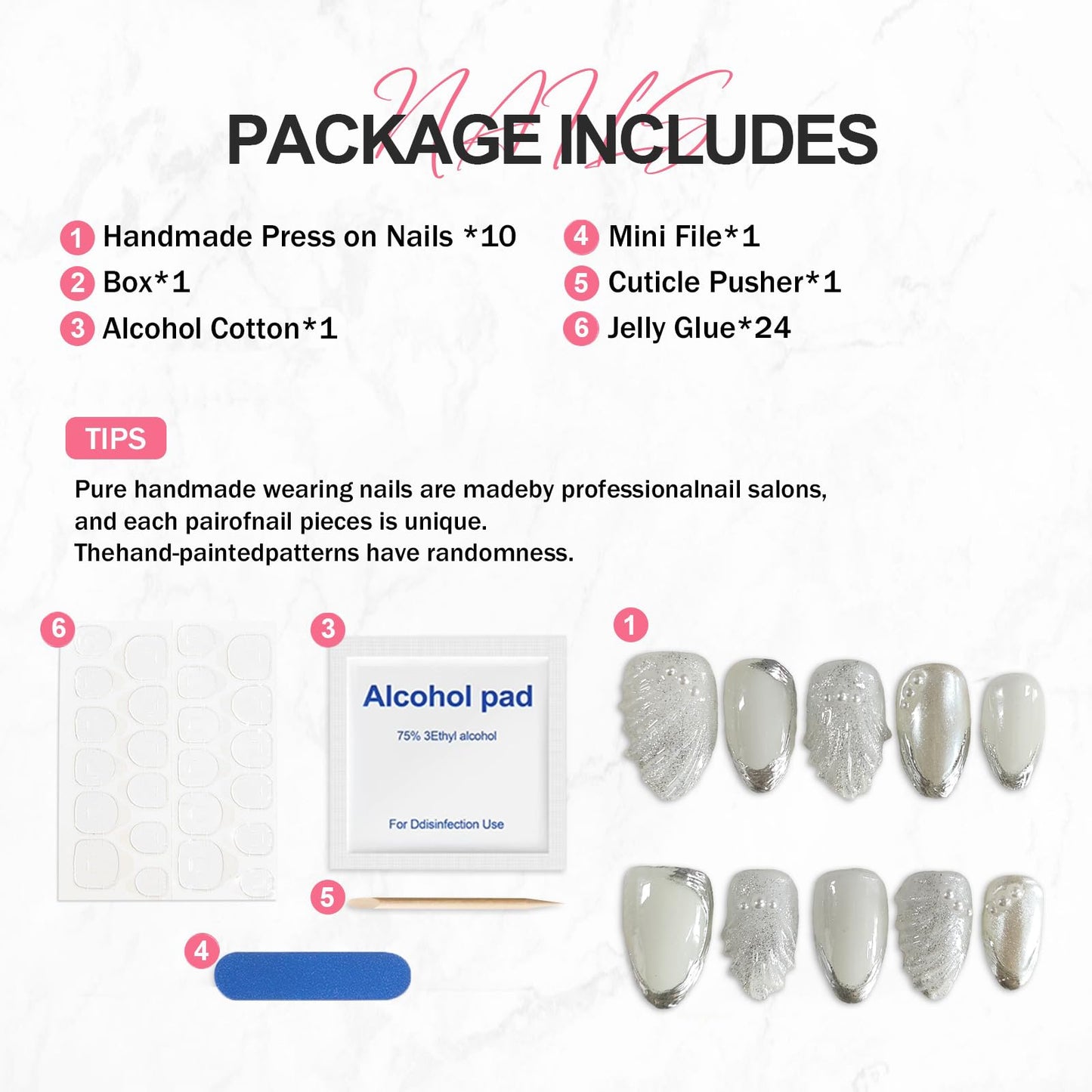 Handmade on Nails Silver French Tip Fake Nail Fish Tail Pearl Embossed Designs Short Almond Acrylic Luxury Muti-Layer Gel False Nail Full Cover Stick on Nail for Women Nails Art (Size M)