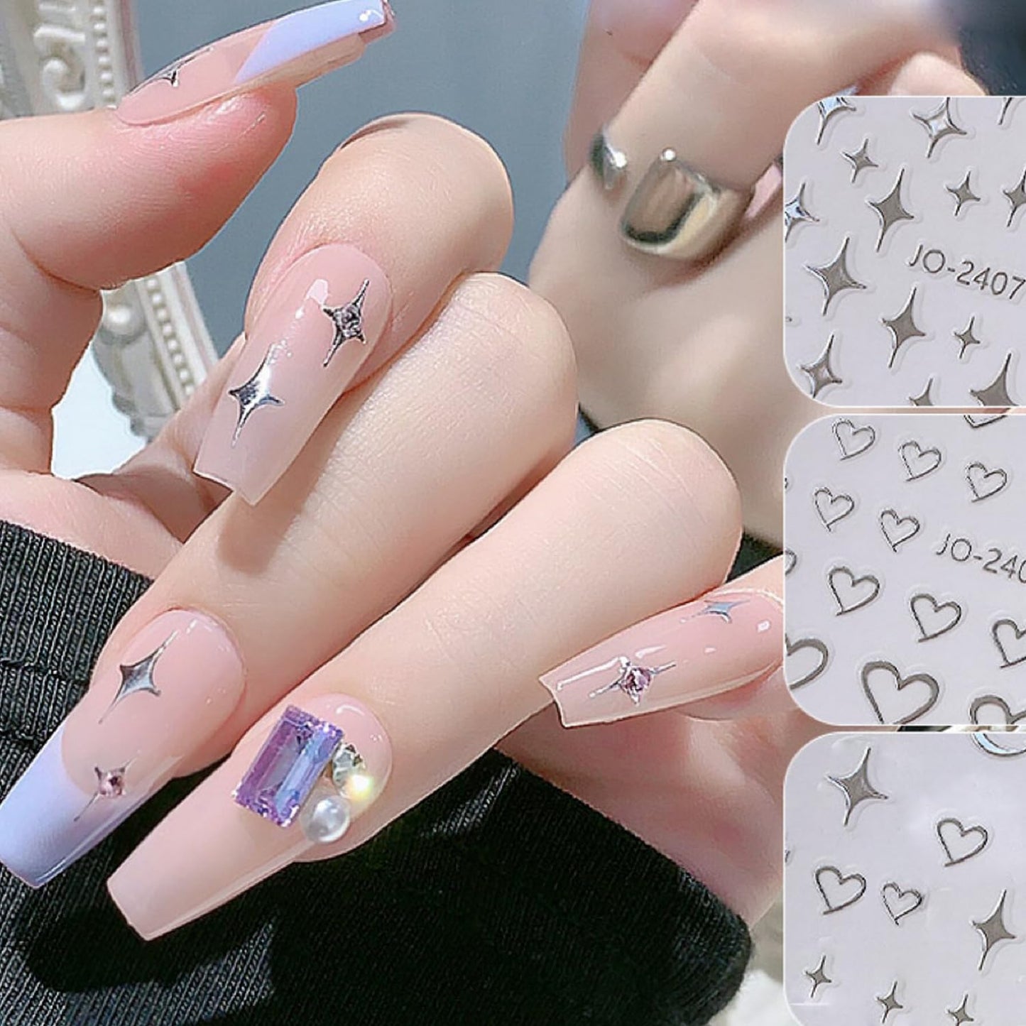 6Sheets Heart Star Nail Art Stickers 3D French Silver Glitter Nail Decals Designer Nail Supplies Metallic Silver Star Love Hearts Nail Designs Sticker for Women DIY Nail Decorations Accessories Crafts