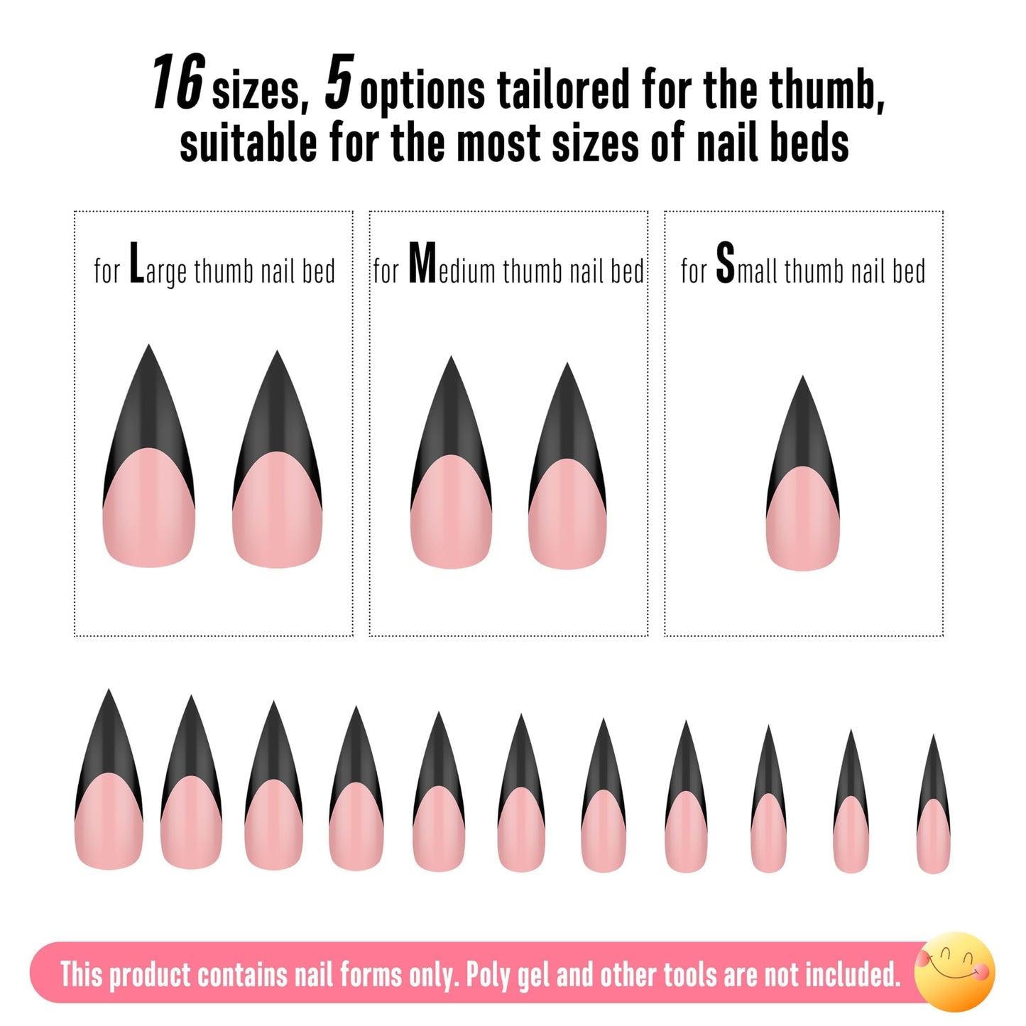 NOVO OVO Black French Tip Long XL Sharp Stiletto Nail Tips Press on BABY PINK, Soft Gel Double Matte Fake Nail Extension, Full Cover False Nails for Acrylic DIY x 16 Sizes 160 pcs