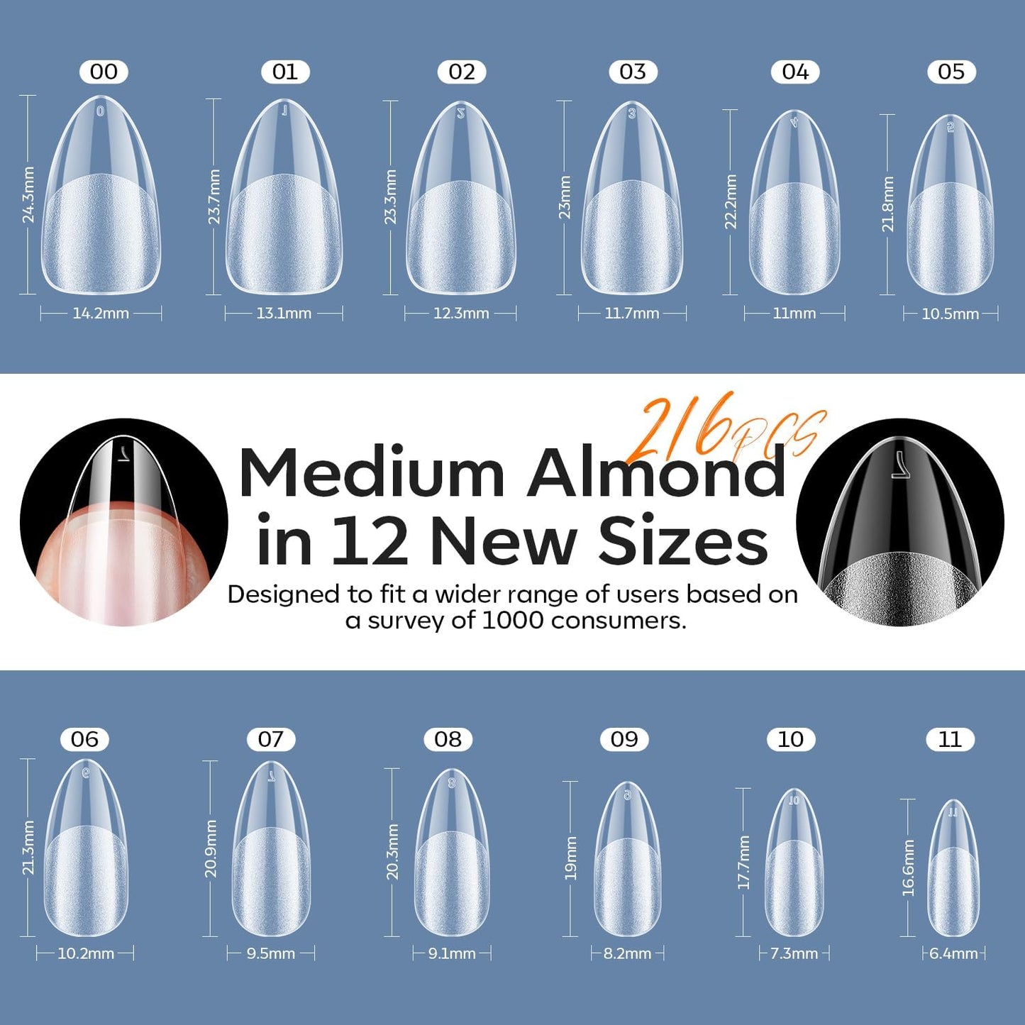 modelones X Nail Gel Kit Medium Almond, 9-in-One Nail Glue with Mini UV Light 216Pcs 12Sizes Pre-Etched Press ons Fake Acrylic Extension Kit DIY Salon Gift