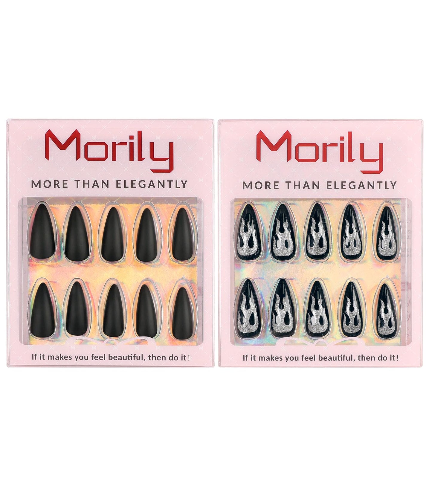 Morily Press-On Nails Bundle | Black Stiletto Matte & Black Stiletto Flame | 24Pcs Each Set, Medium Length Long False Fake Nails
