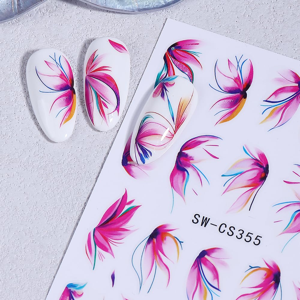 Flowers Nail Art Stickers Retro Cherry Blossom Petals Nail Art Decals 6Sheets 3D Self-Adhesive Lavender Floral Nail Stickers Purple Flower Letter Nail Decals for Women Summer Manicure Decorations