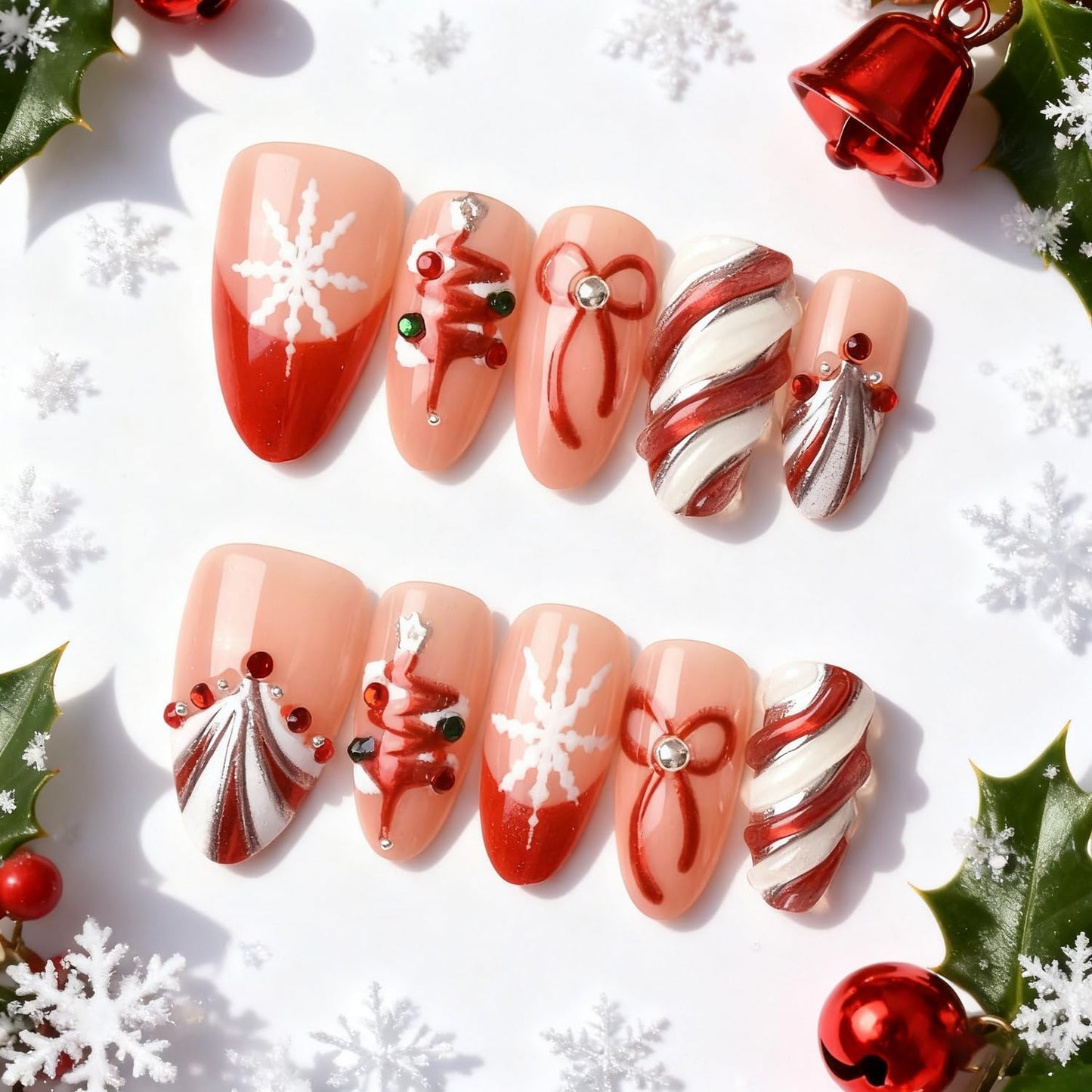 24 Pcs Christmas Press on Nails Medium Almond Fake Nails with French Snowflake and Bow Design Red White False Nails Christmas Tree Manicure Acrylic Nail Full Cover Artificial Nail for Women