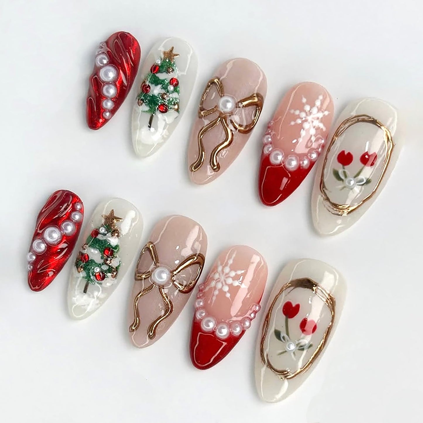 30Pcs Christmas Press on Nails Medium Almond French Tip Fake Nails Xmas Trees Flower False Nails with 3D Pearl Red Gems Gilding Bow Design Full Cover Glue on Nails Artificial Stick on Nail for Women