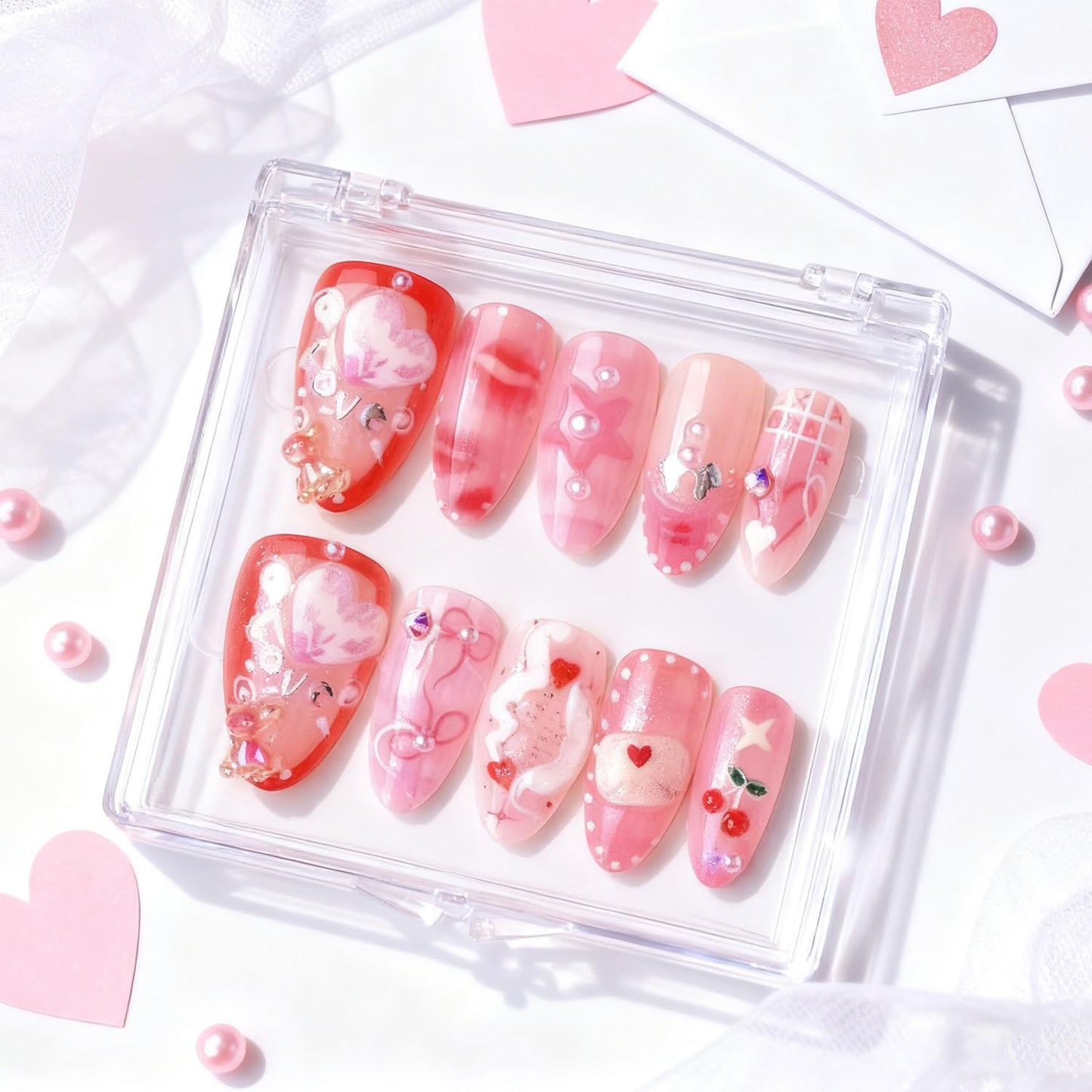 30Pcs Pink Valentine's Press on Nails Almond Nail Art,Beautiful Fake Nails Set French Pointed Nails Cute Bear Sexy Red Lips Rose Pearl Pressed Nails,Love Fully Covered Romantic Nail Decor DIY Manicure