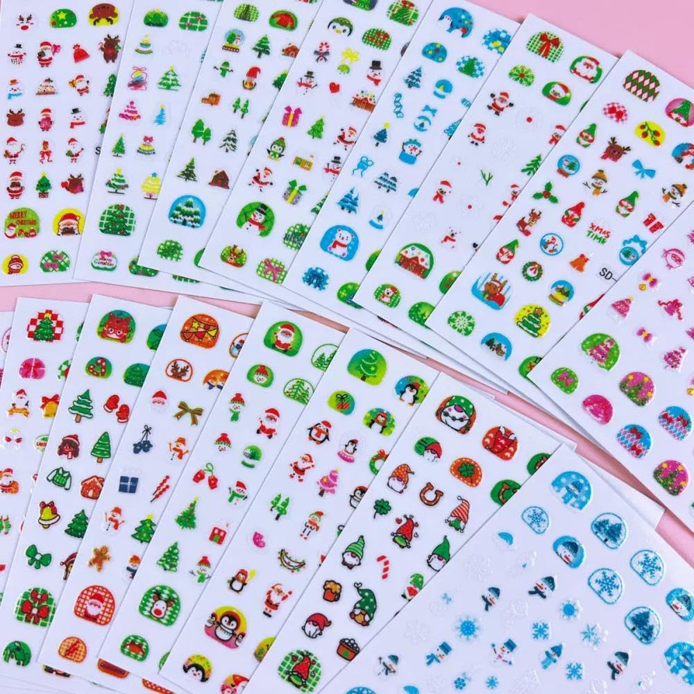 Christmas Nail Stickers Glow in The Dark Nail Art Stickers 3D Self Adhesive Cute Cartoon Christmas Tree Nail Art Supplies Snowman Snowflake Bow Nail Design Winter Xmas Nail Decals for Women 16 Sheets