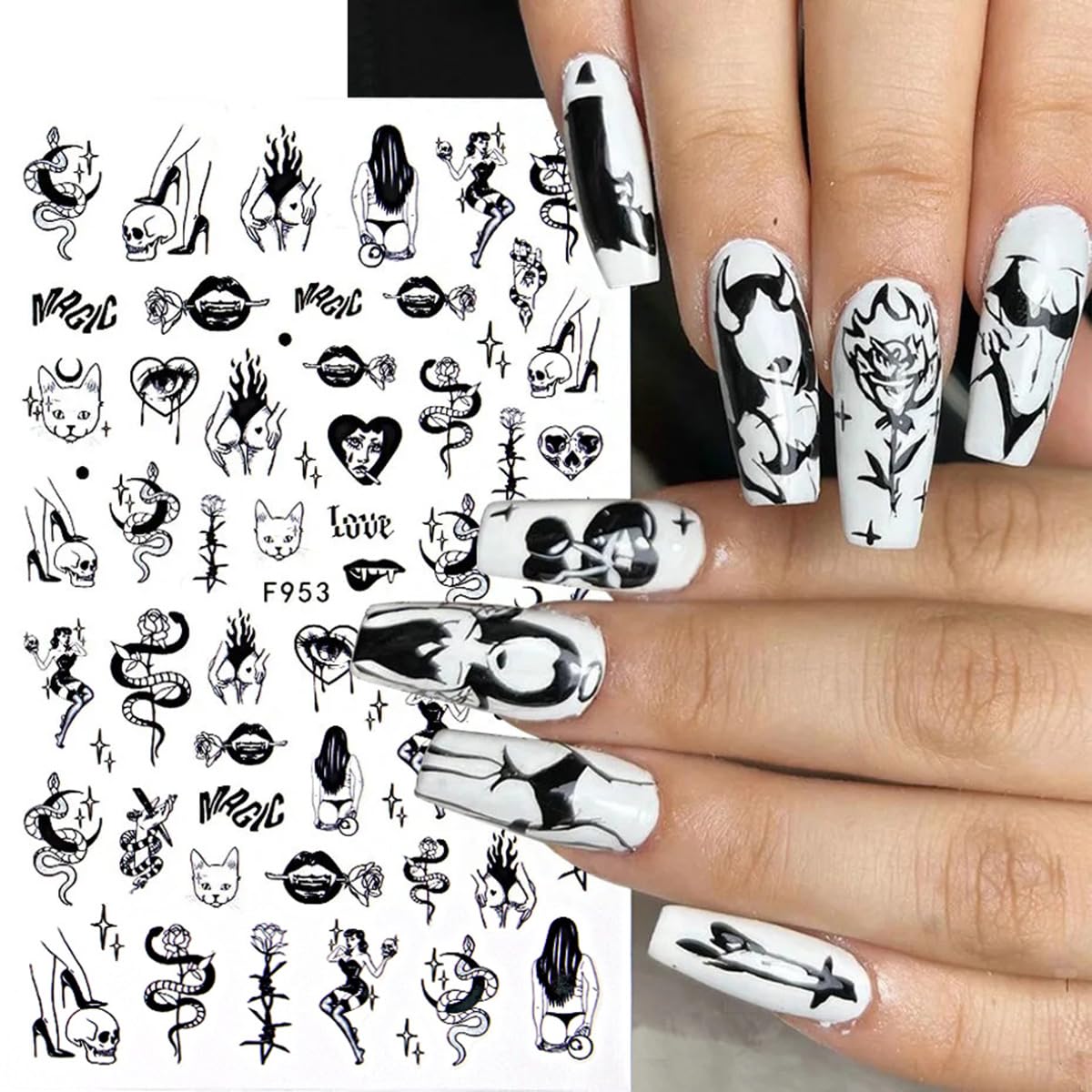 8 Sheets Halloween Nail Art Stickers 3D Punk Goth Nail Decals Evil Skull Rose Snake Nail Designs Sticker Self-Adhesive Halloween Nail Art Supplies Horror Zombie Nail Decorations for Women Manicure