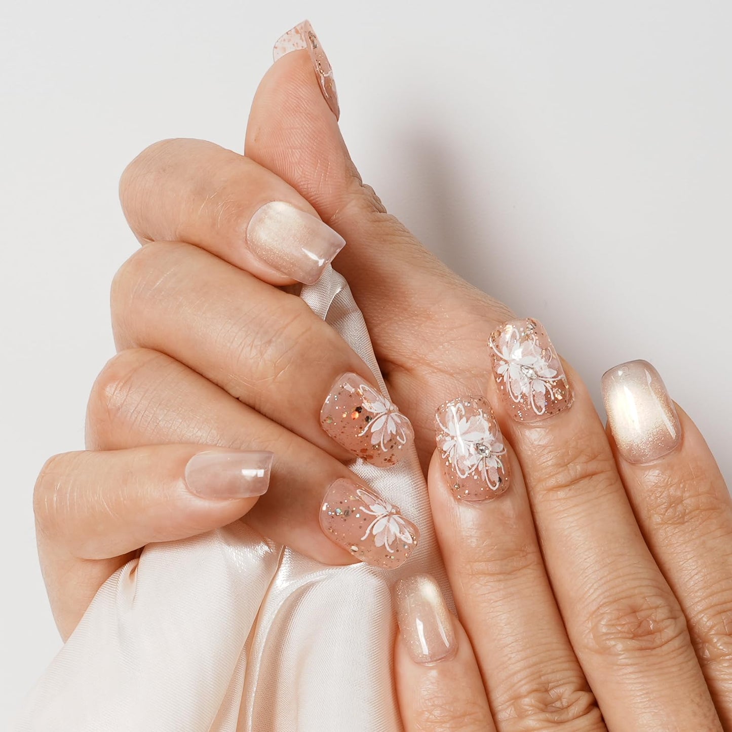 Tesytto Handmade Press on Nails Glitter Short Coffin, Nude Pink with Flower & Butterfly Pattern, Reusable Full Cover False Nails 10Pcs (Warm Glossy Dream,S)