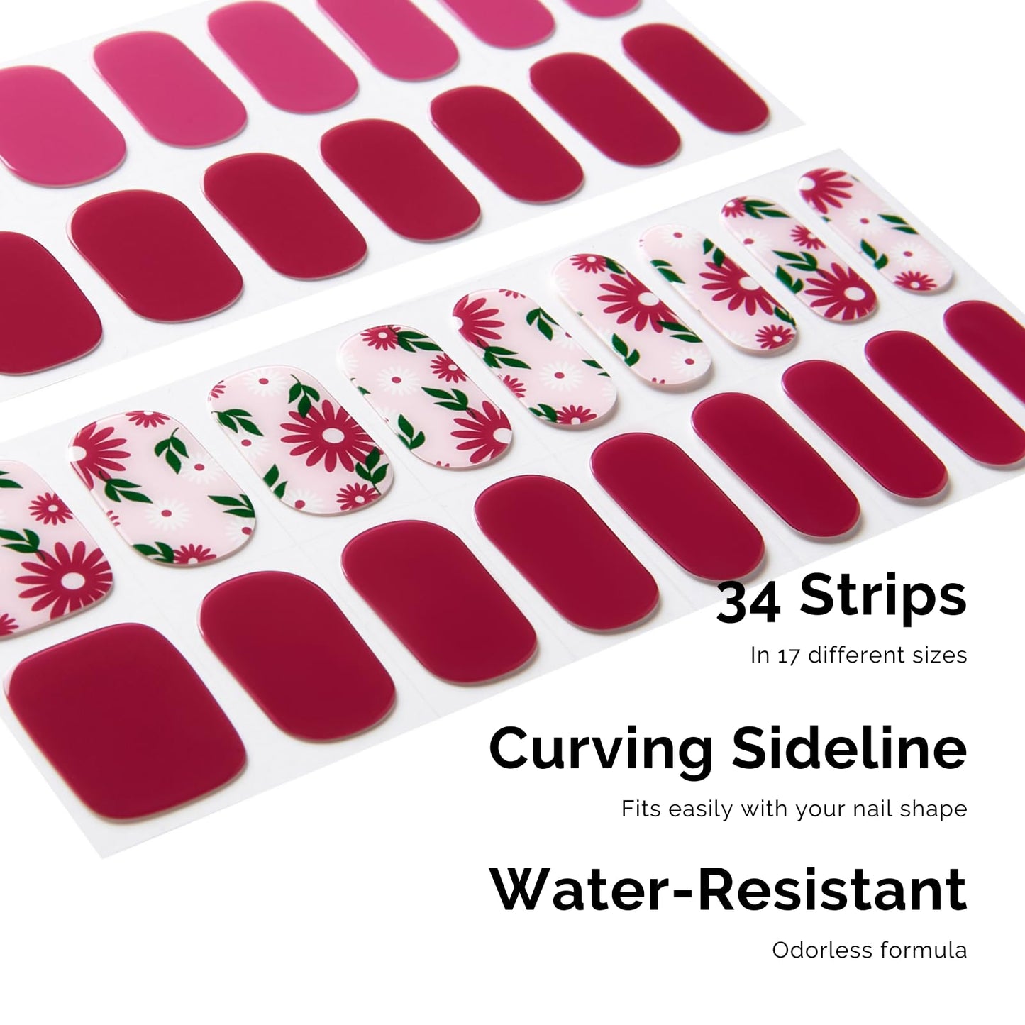 Semi Cured Gel Nail Strips - NAILOG 34 Pcs Floral Nail Stickers Extra Long Nail with Glossy Gel Finishing for Autumn Winter, in The Meadow