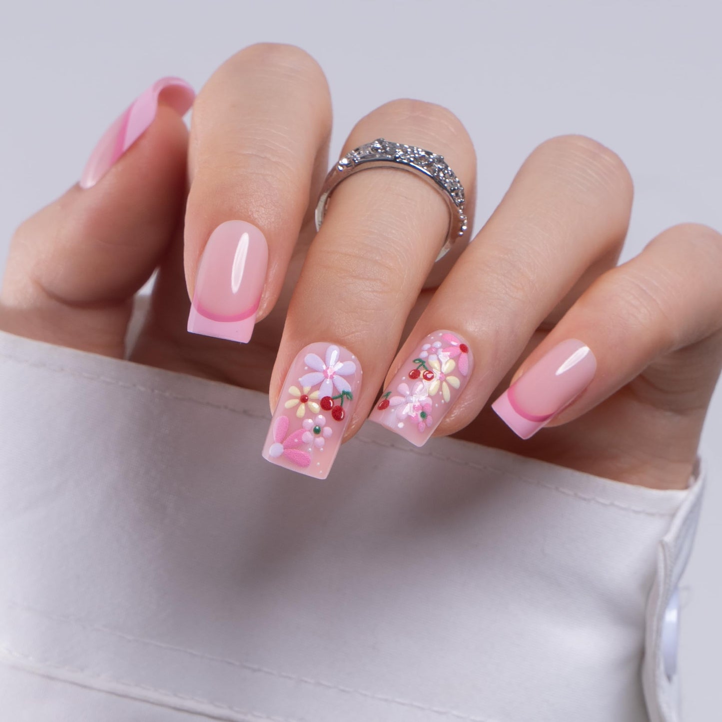 CurvLife Soft Gel Press On Nails Square, Long-Lasting 30Pcs Reusable Stick On Fake Nails Kit with Glue Tabs, Glossy Salon-Style Manicure for Women Teens Beginners, At-Home (Pink Meadow)