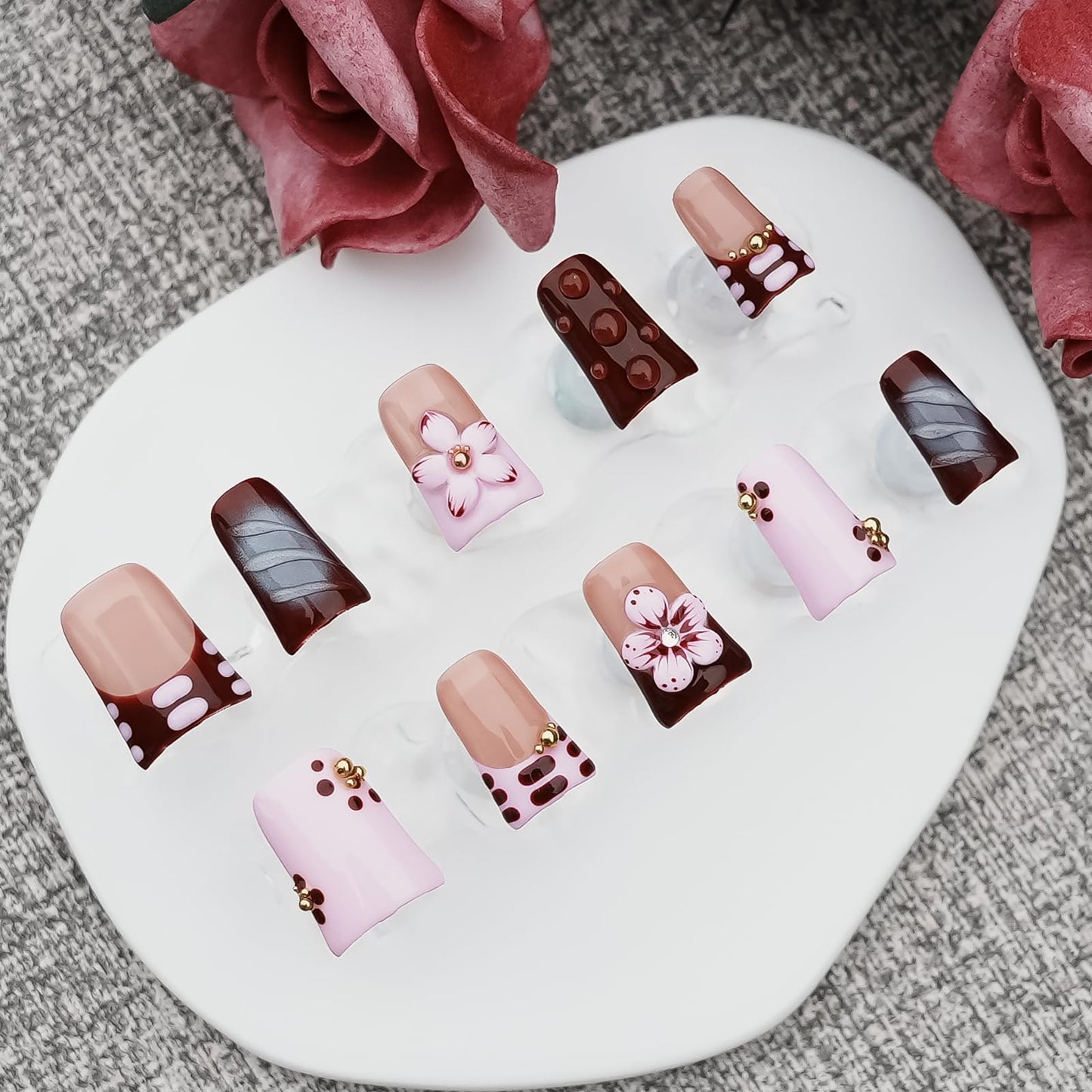 Tesytto Handmade Press on Nails Short Duck - Burgundy Nude Pink Ombre French Tip with 3D Cherry Flower & Y2K Gold Beads, Summer Reusable Acrylic Full Cover (Blush Mauve Flower Waltz, S)