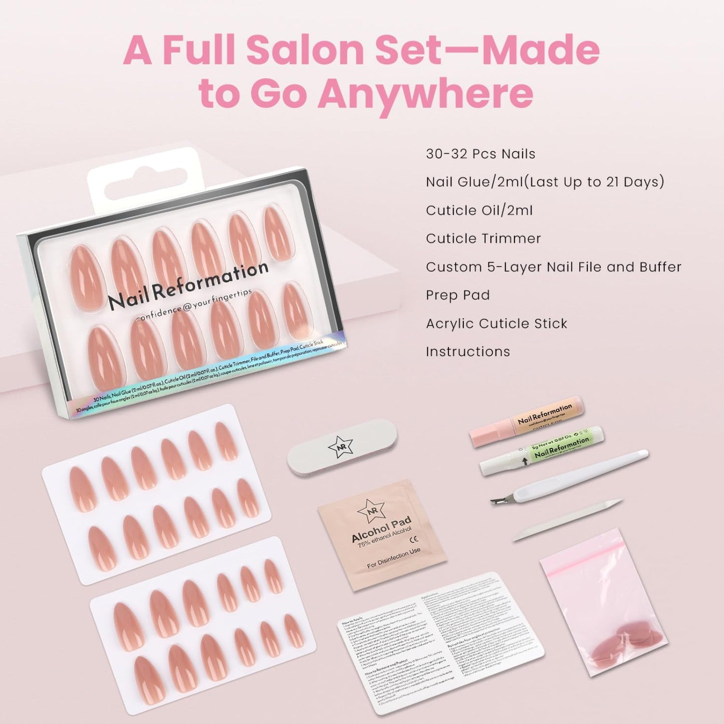 Nail Reformation Press On Nails, Trench Coat | Deep Nude Medium Almond Fake Nails in Glossy Finish, Salon Quality, Reusable Stick On Nails Kit - 30 Pcs in 15 Sizes with Glue, Manicure Gifts for Women