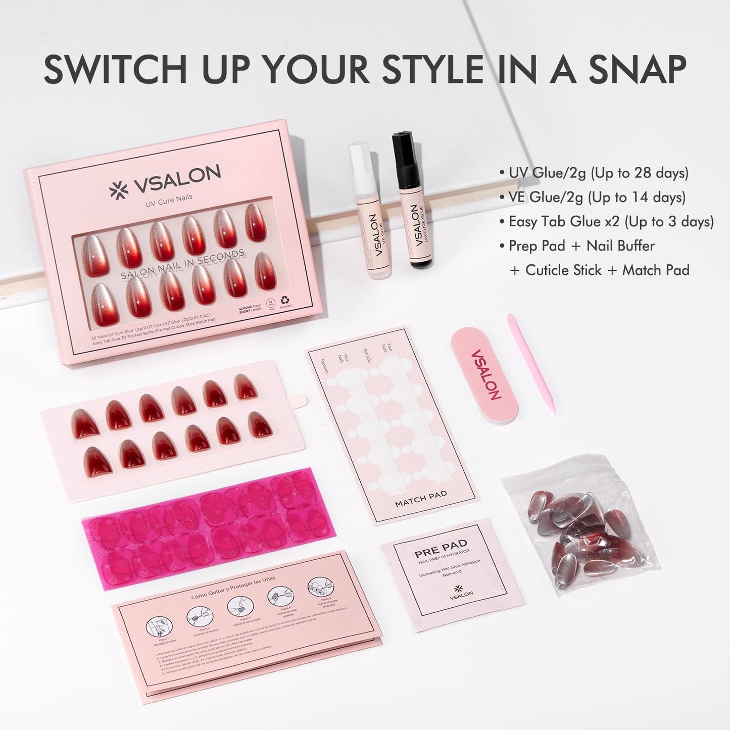 VSALON Press On Nails Short Almond, Red Cat Eye Press On & Purple Blue Ribbon Cat Eye Fake Nails Reuasble Glue on Nails For Women