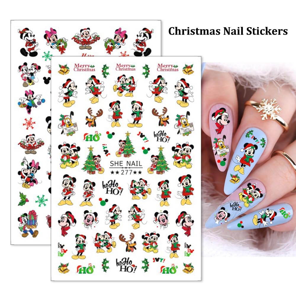 Christmas Nail Stickers - 8 Sheets Cute Cartoon Self-Adhesive Nail Decals, Xmas Nail Art Supply With Snowflake, Elk, Mouse Design for Women Girls DIY Nail Decoration