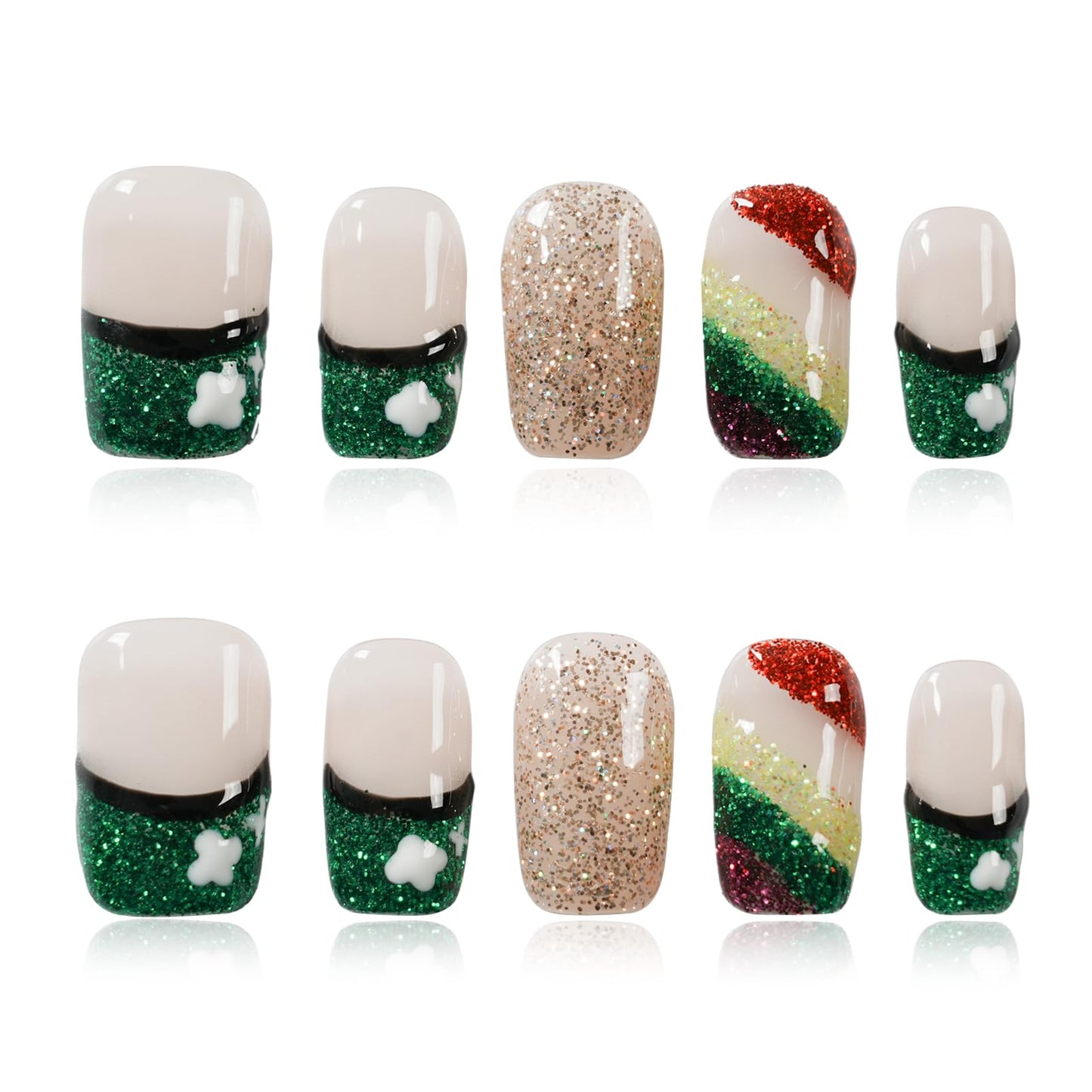 Tesytto Medium Square Press On Nails, Nude with Green Glitter French Tips and Hand-Painted White Clover, Rainbow Glitter Gradient Thick Acrylic Nails (Size M)